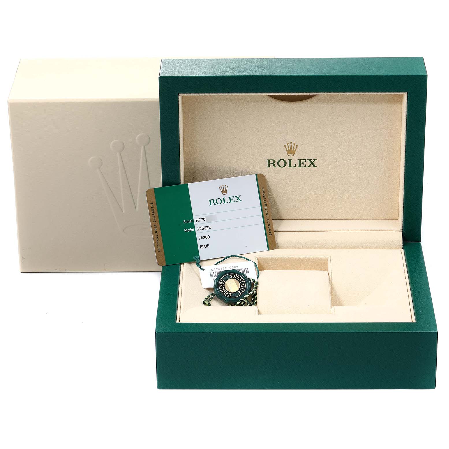 The image shows a Rolex Yacht-Master 126622 Men
s Stainless Steel Blue Dial 126622 Men
s Stainless Steel Blue Dial watch box with a tag, warranty card, and accessories.
