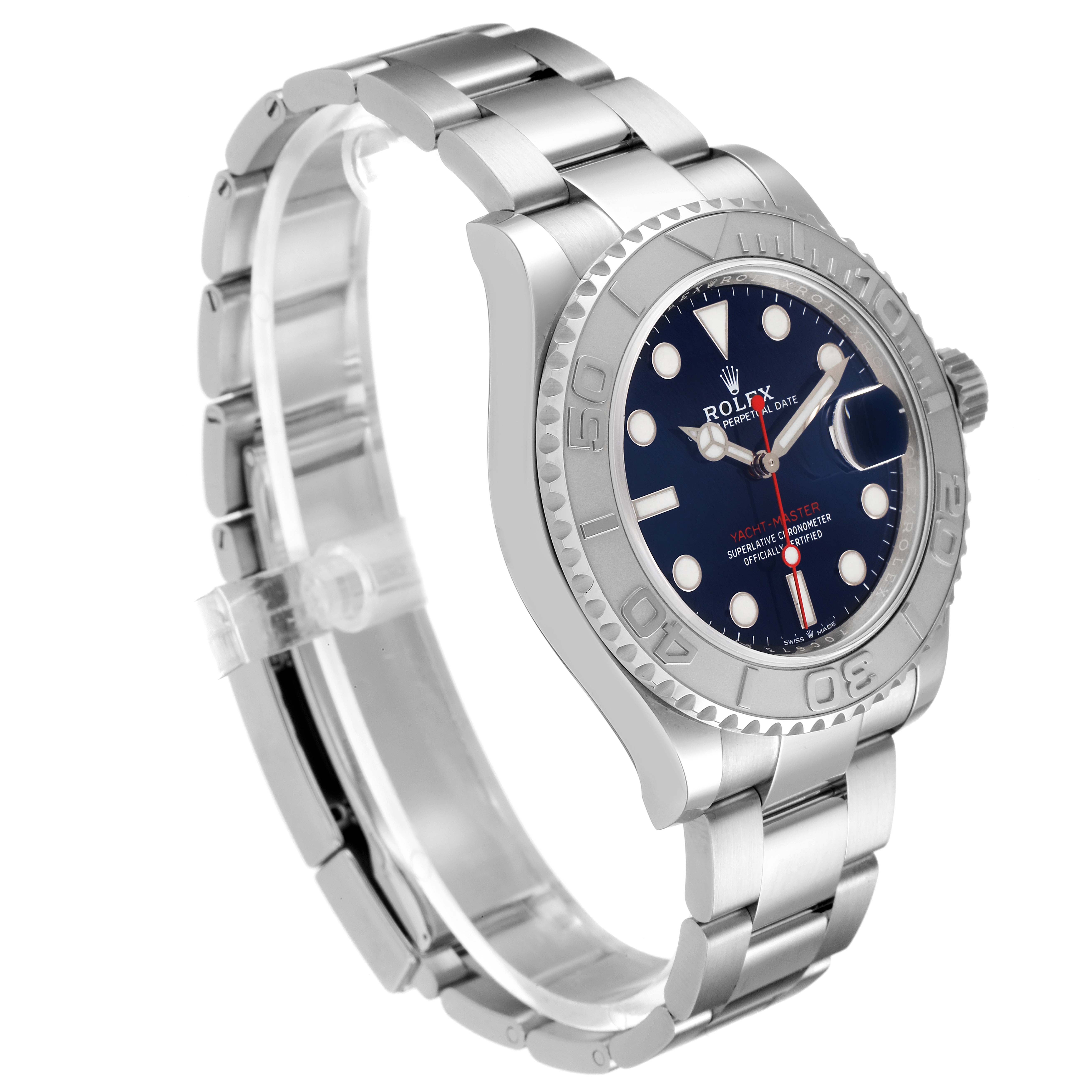 The Rolex Yacht-Master 126622 Men
s Stainless Steel Blue Dial 126622 Men
s Stainless Steel Blue Dial watch is shown at an angle displaying the face, bezel, bracelet, and crown.