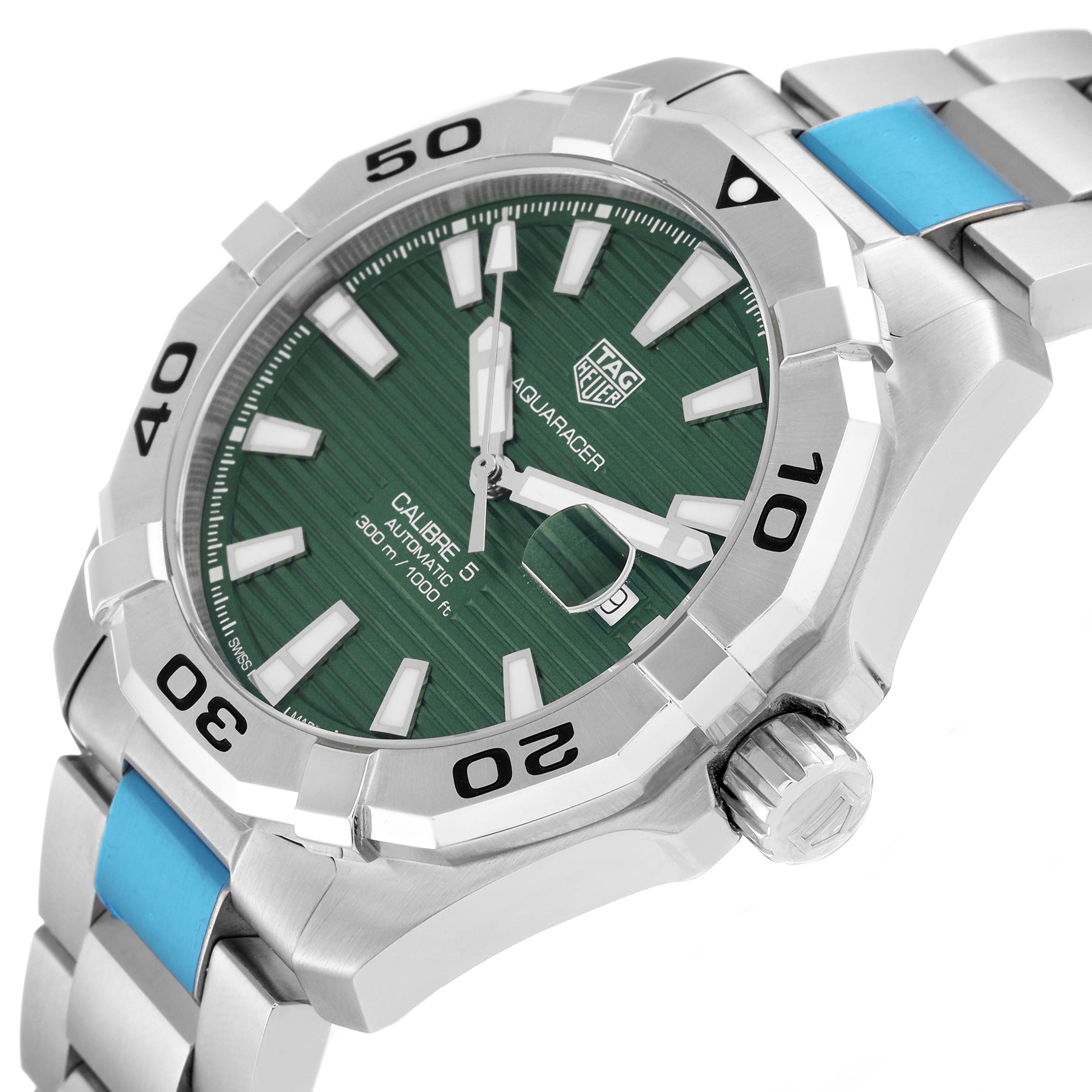 The image shows a close-up, angled view of the dial and crown of the Tag Heuer Aquaracer WAY2015.BA0927 Men's Stainless Steel Green Dial WAY2015.BA0927 Men's Stainless Steel Green Dial watch, highlighting its bezel and bracelet.