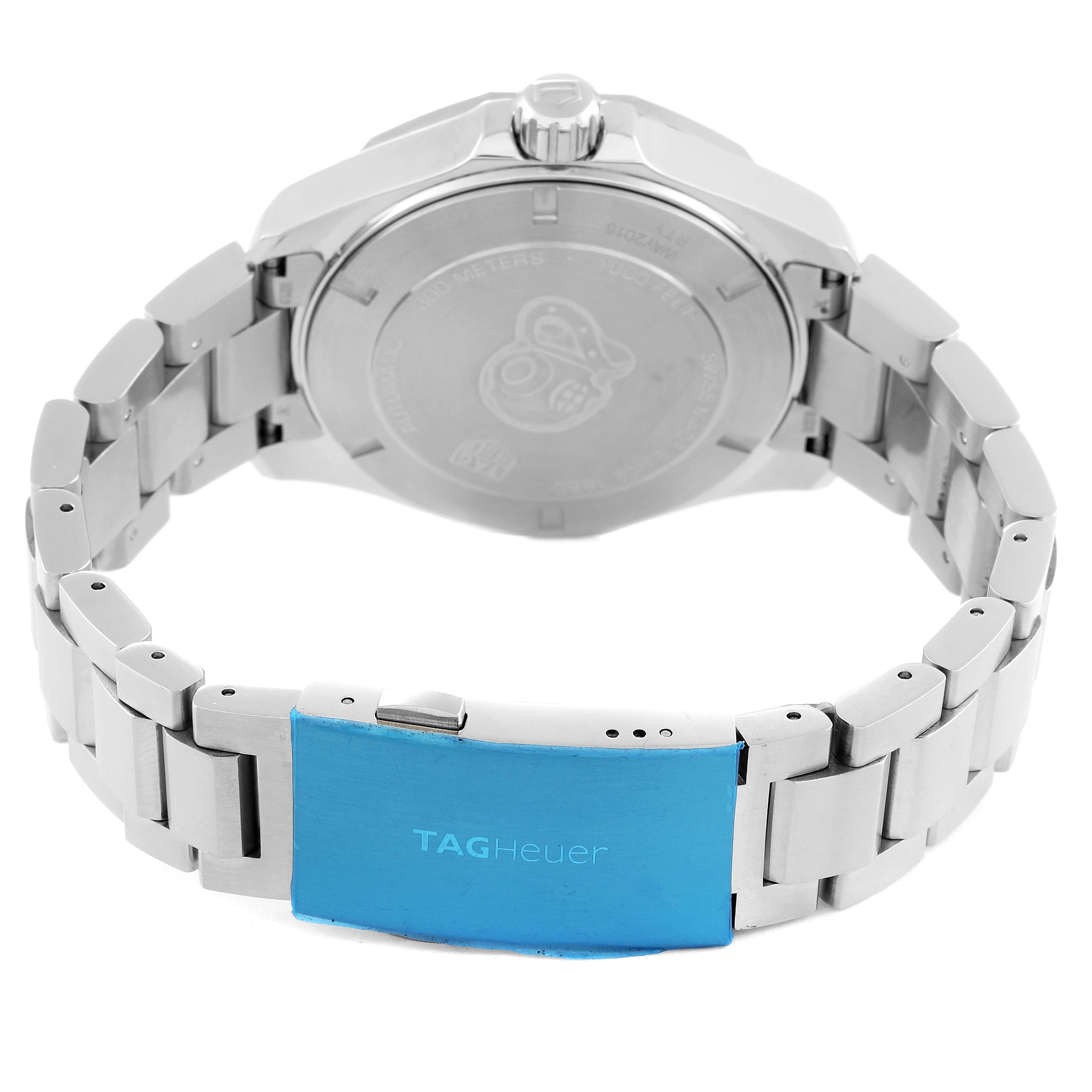The image shows the back and clasp of the Tag Heuer Aquaracer WAY2015.BA0927 Men's Stainless Steel Green Dial WAY2015.BA0927 Men's Stainless Steel Green Dial watch, highlighting its bracelet and case back.