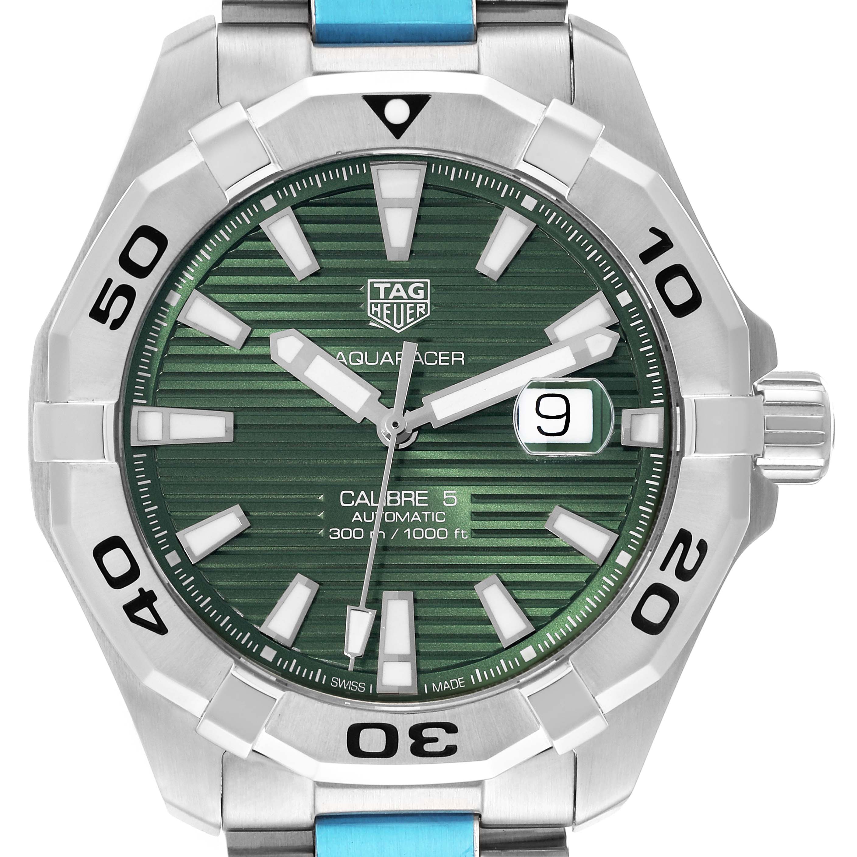 The image shows a front view of the Tag Heuer Aquaracer WAY2015.BA0927 Men's Stainless Steel Green Dial WAY2015.BA0927 Men's Stainless Steel Green Dial watch, highlighting its dial, bezel, and part of the bracelet.