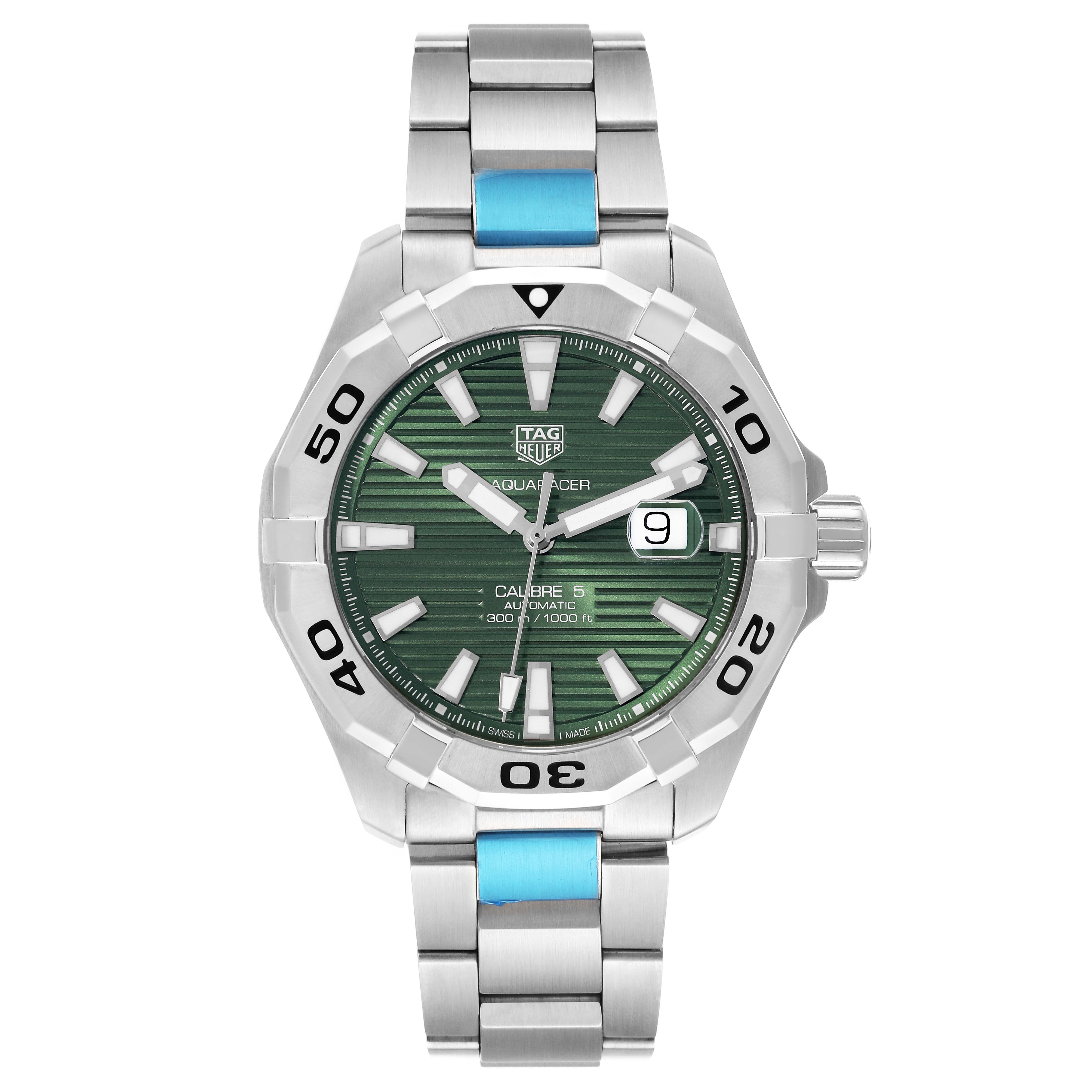 The Tag Heuer Aquaracer WAY2015.BA0927 Men's Stainless Steel Green Dial WAY2015.BA0927 Men's Stainless Steel Green Dial watch is shown from a top-down angle, displaying the face, bezel, and full bracelet.