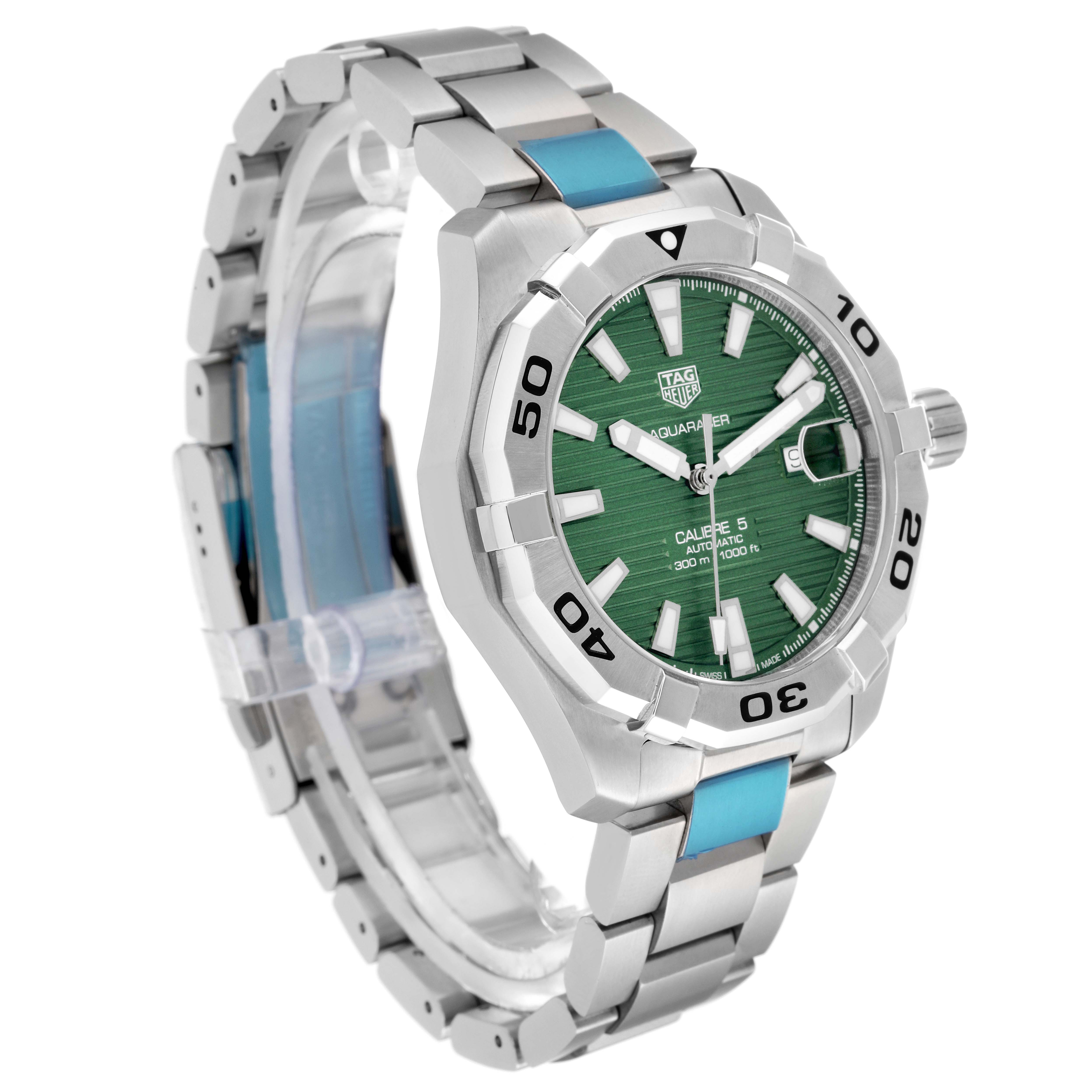The image shows a Tag Heuer Aquaracer WAY2015.BA0927 Men's Stainless Steel Green Dial WAY2015.BA0927 Men's Stainless Steel Green Dial watch at an angled side view, displaying its silver bracelet, green dial, and bezel.