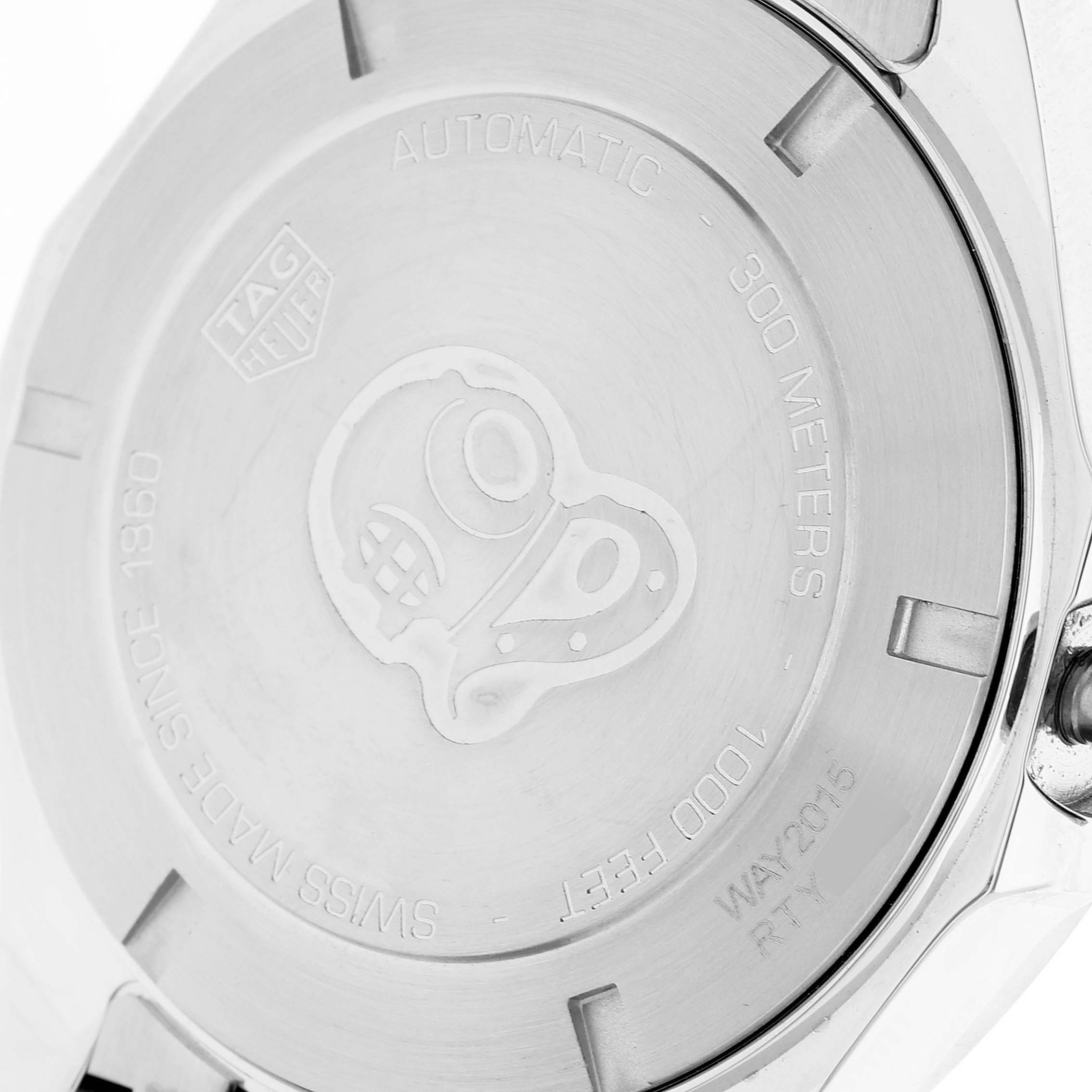 The image shows the back case of a Tag Heuer Aquaracer WAY2015.BA0927 Men's Stainless Steel Green Dial WAY2015.BA0927 Men's Stainless Steel Green Dial watch, highlighting the engraved details and water resistance rating.