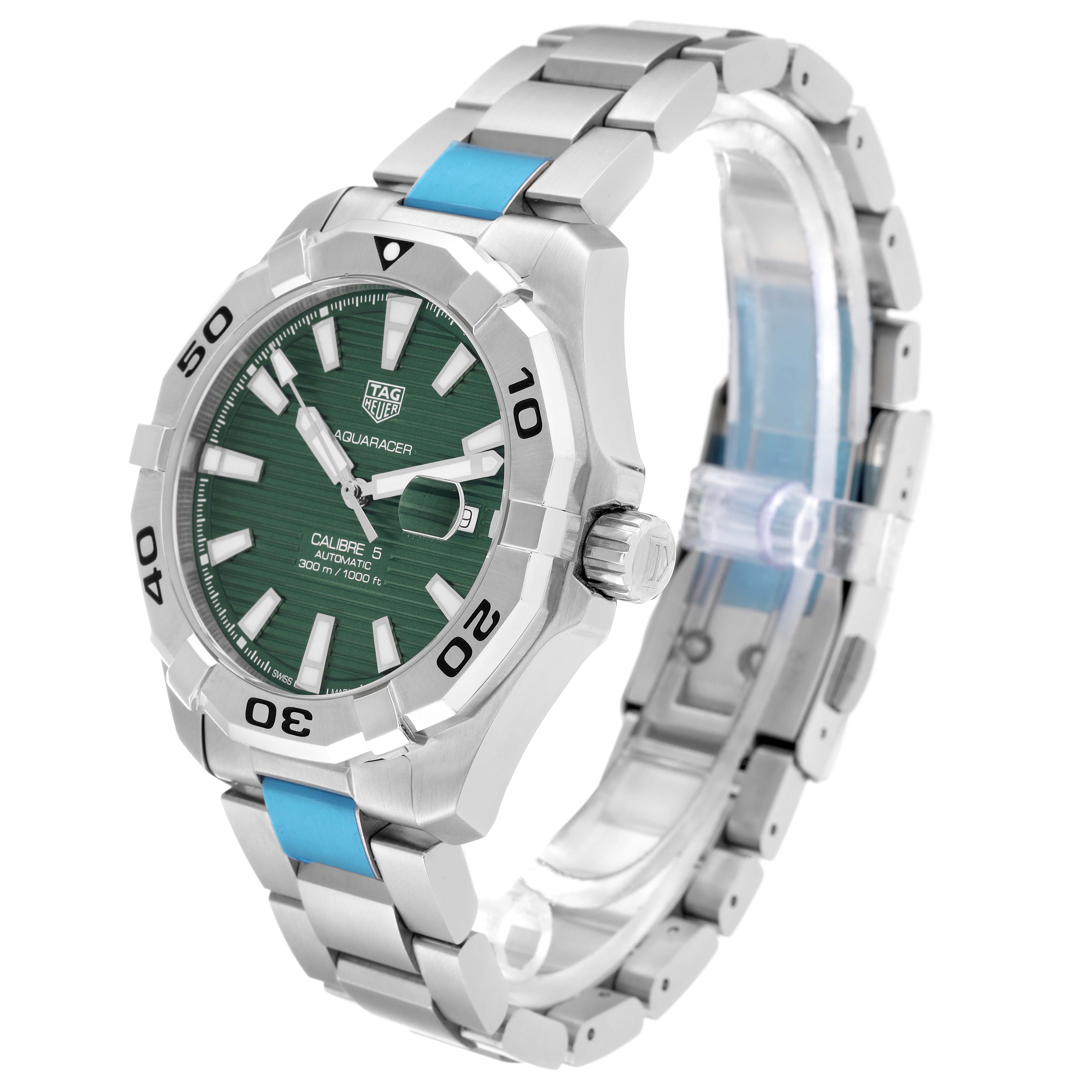 The image shows a Tag Heuer Aquaracer WAY2015.BA0927 Men's Stainless Steel Green Dial WAY2015.BA0927 Men's Stainless Steel Green Dial watch at a three-quarter angle, highlighting its face, bezel, and bracelet.