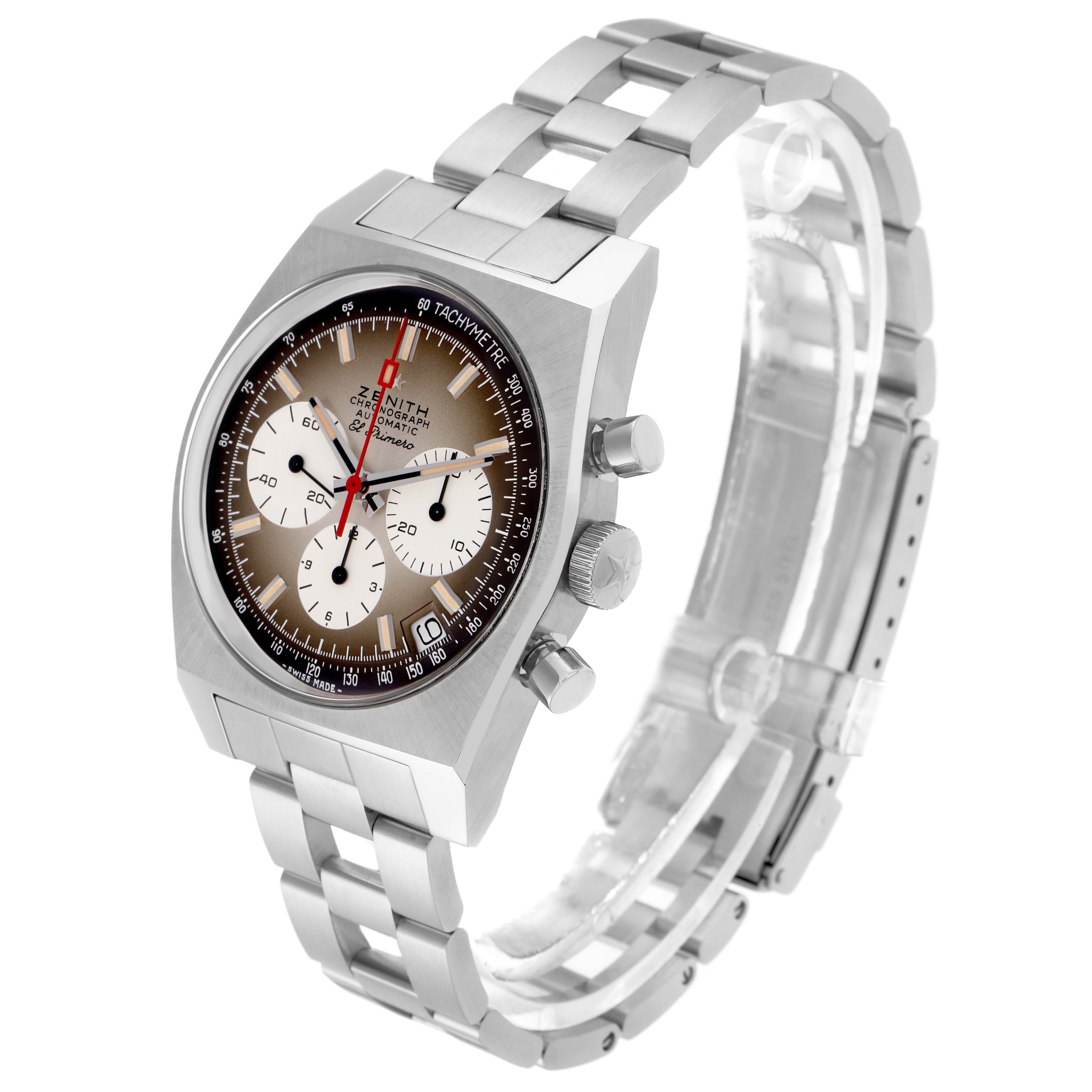 The Zenith Chronomaster model 03.A384.400/385.M385 is shown at a three-quarter angle, displaying the dial, case, bezel, bracelet, and pushers clearly.