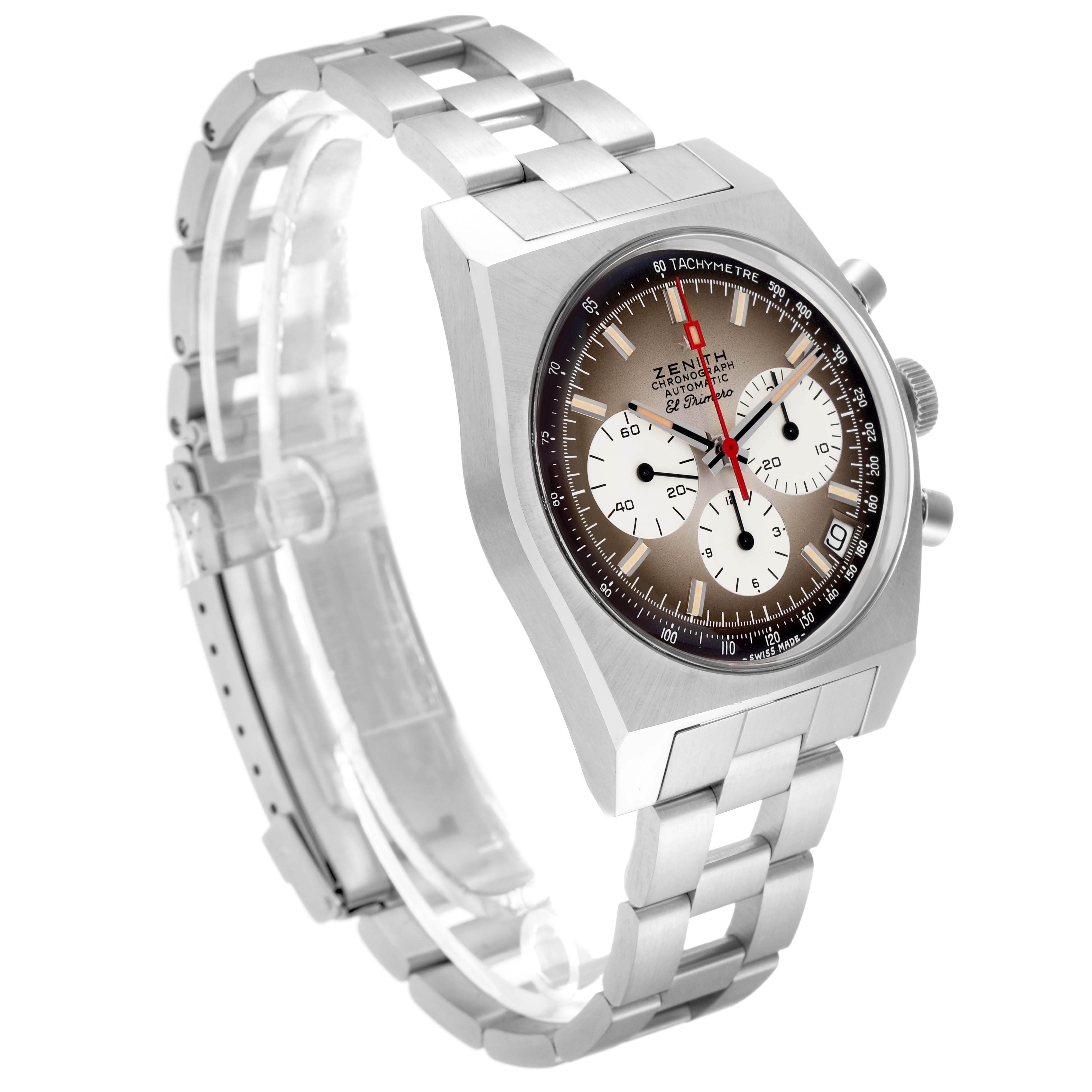 The Zenith Chronomaster model 03.A384.400/385.M385 is shown at a three-quarter angle displaying its face, bezel, pushers, and metal bracelet.