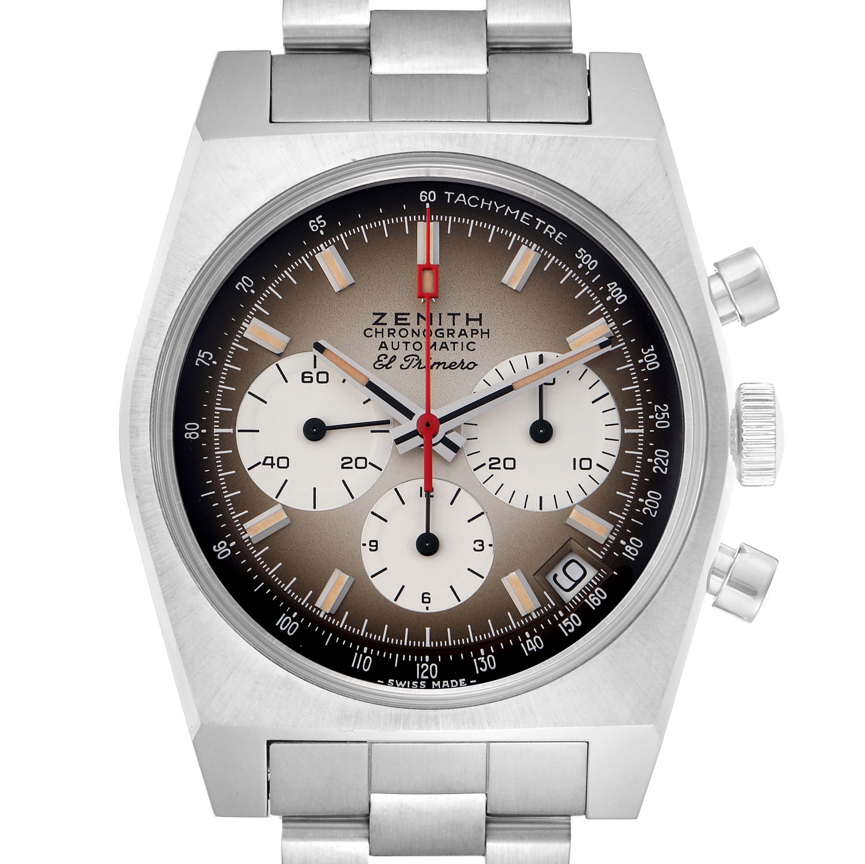 The Zenith Chronomaster 03.A384.400/385.M385 watch is shown from a frontal angle, highlighting the dial, subdials, tachymeter, and pushers.