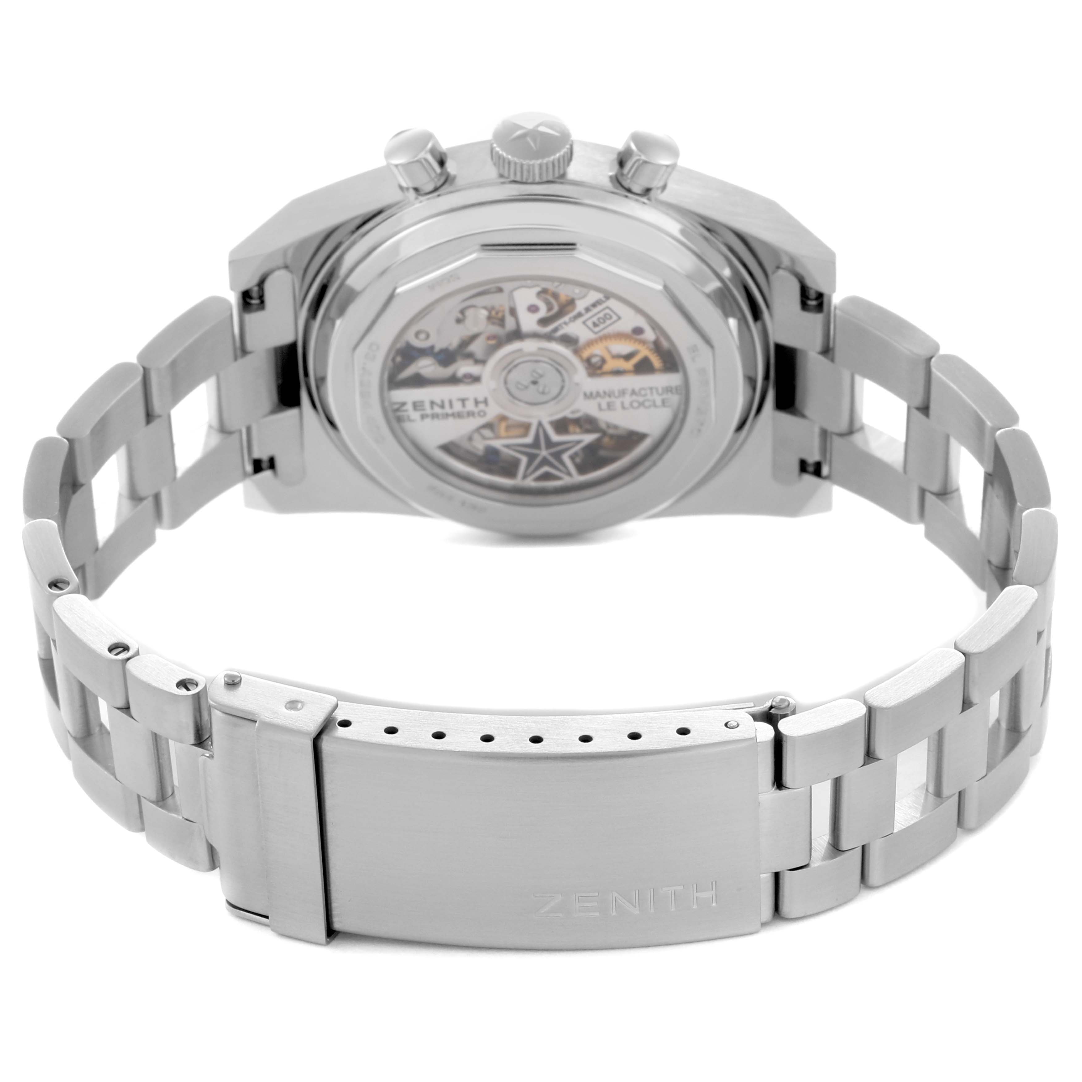 The image shows the back view of the Zenith Chronomaster model 03.A384.400/385.M385, highlighting the exhibition case back and metal bracelet clasp.