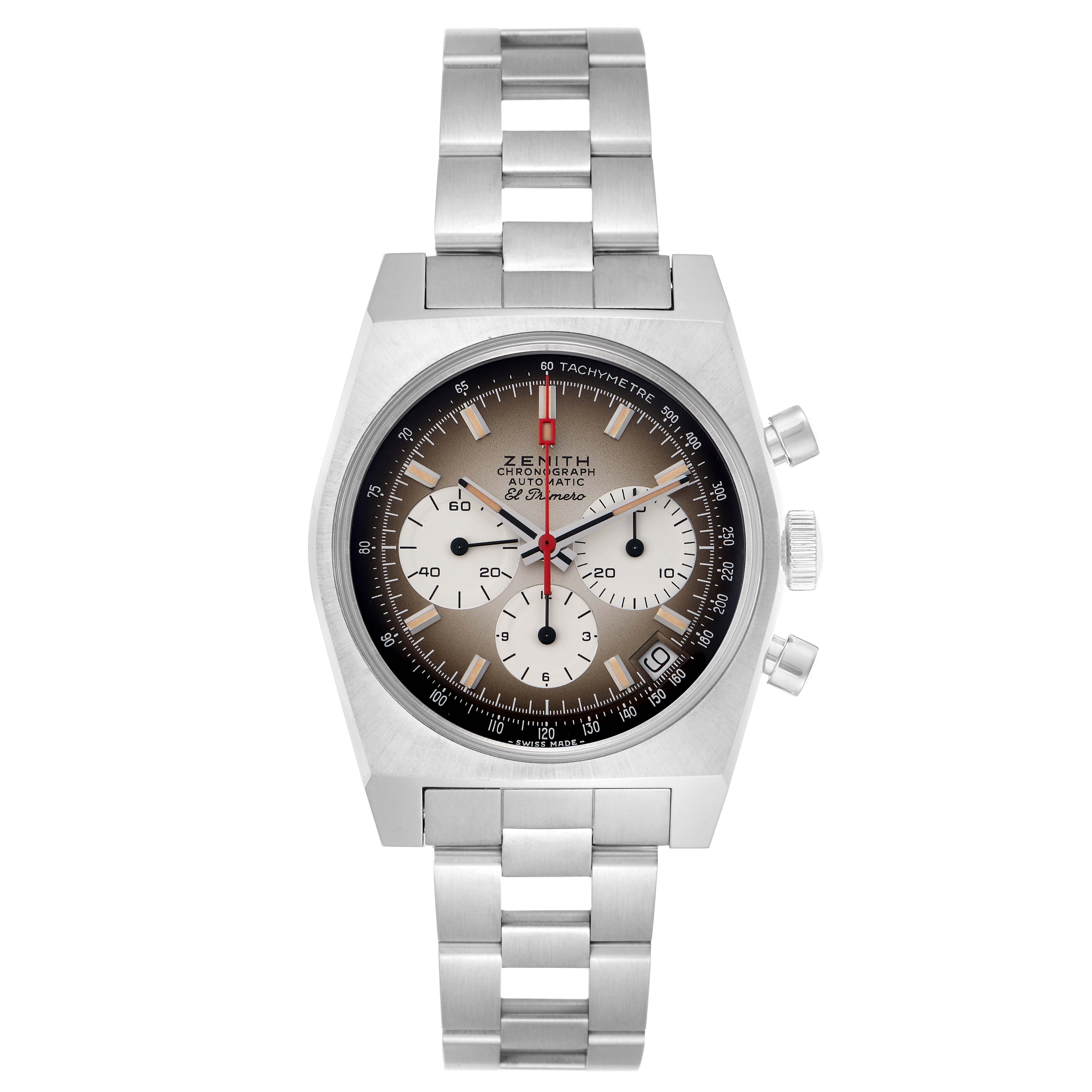 The image shows a top-down view of the Zenith Chronomaster model 03.A384.400/385.M385 men's watch, highlighting its face, bracelet, and side pushers.