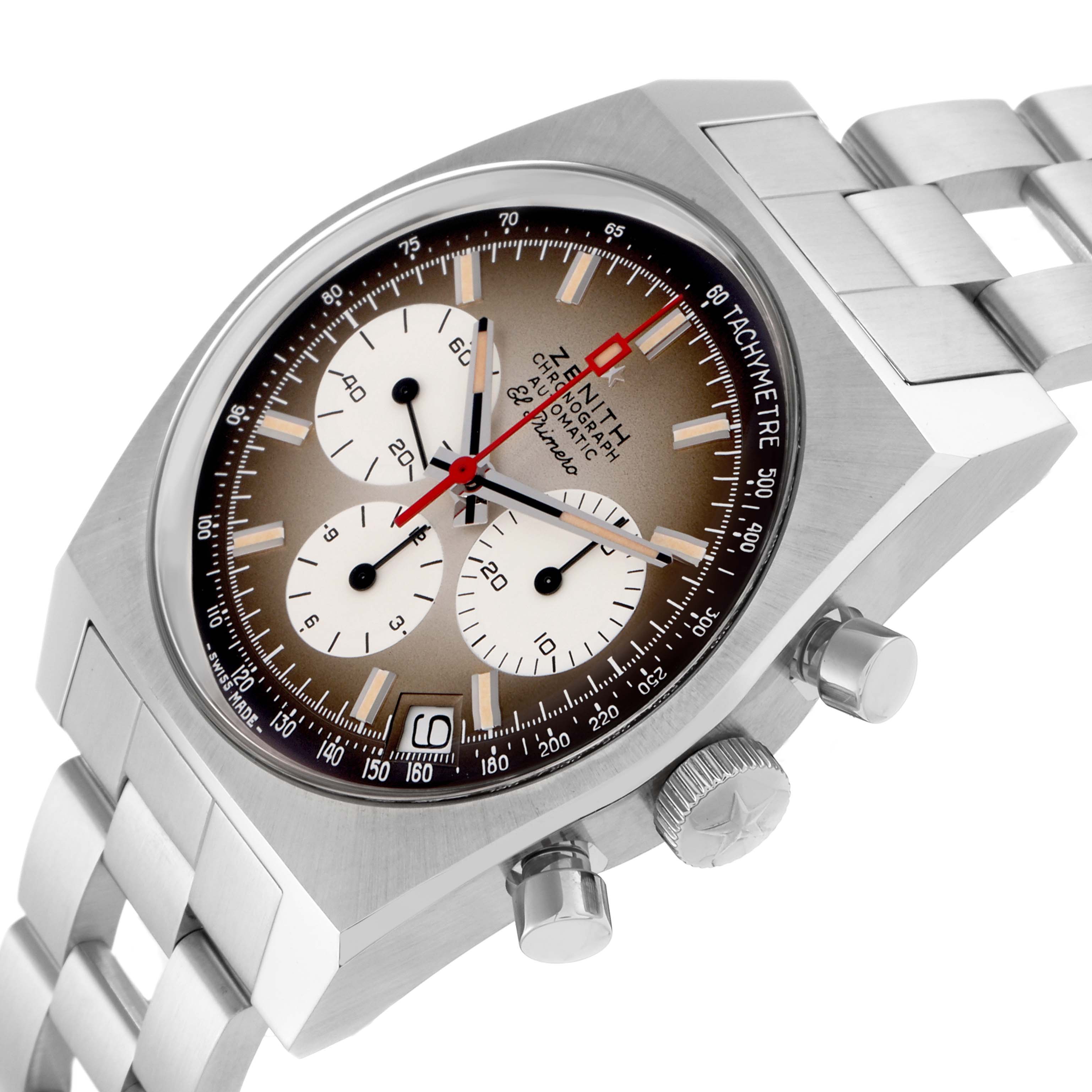 The Zenith Chronomaster model 03.A384.400/385.M385 is shown at an angle highlighting the case, bracelet, subdials, crown, and tachymeter bezel.