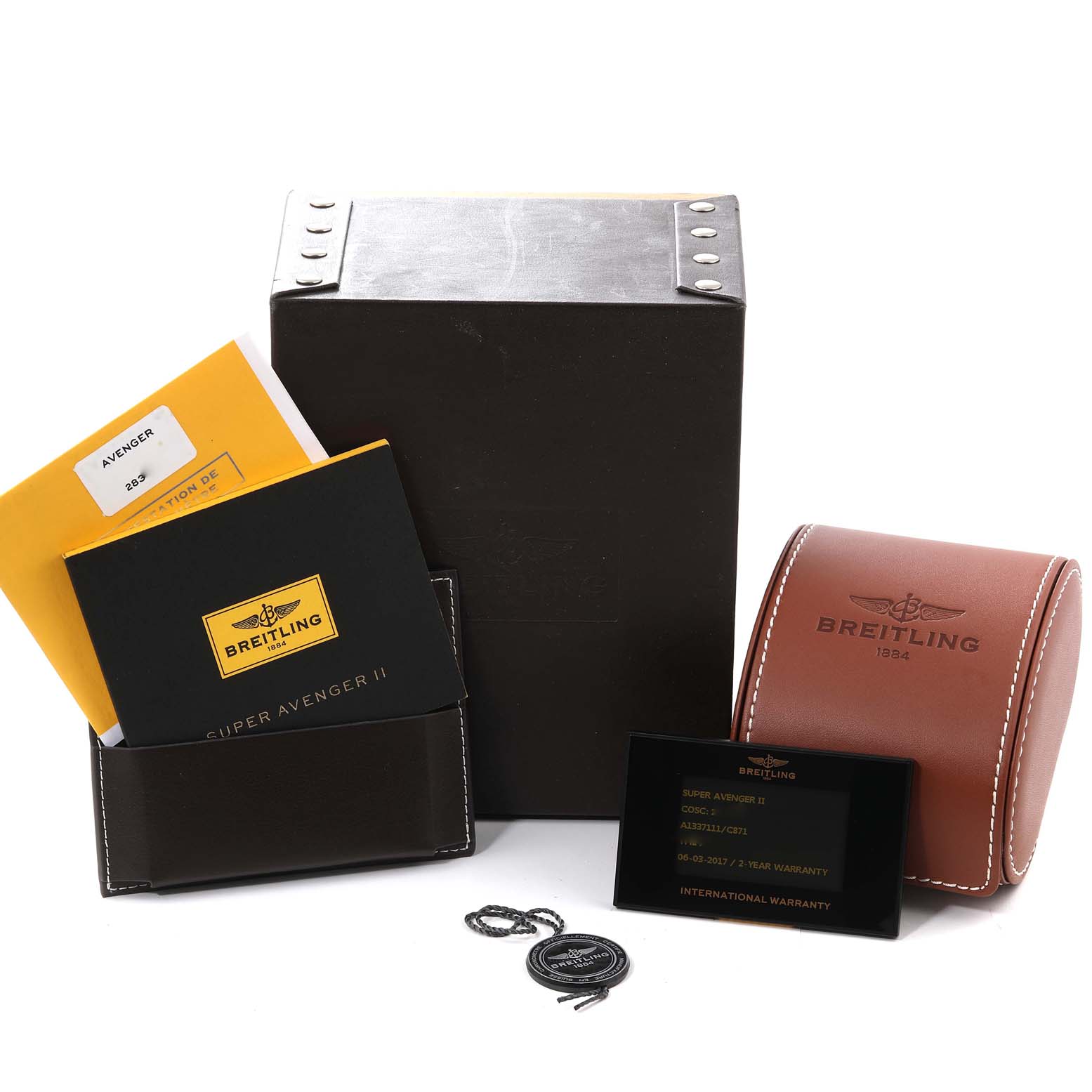 The image shows the box, manual, warranty card, and a leather case for the Breitling Avenger A13371 Men's Stainless Steel Blue Dial A13371 Men's Stainless Steel Blue Dial model watch.