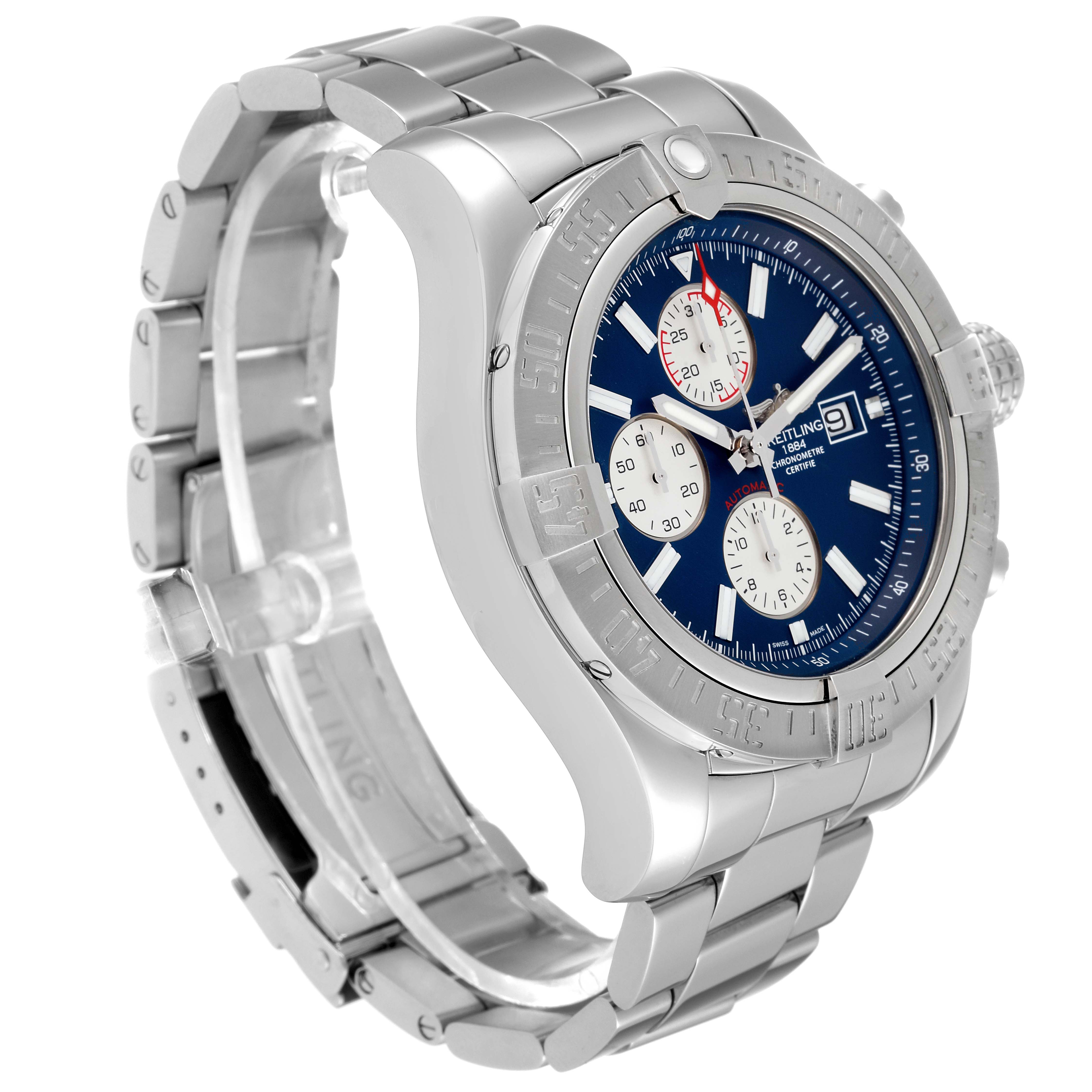 The Breitling Avenger A13371 Men's Stainless Steel Blue Dial A13371 Men's Stainless Steel Blue Dial watch is shown at a slight angle, featuring its face, bezel, crown, and metal bracelet.