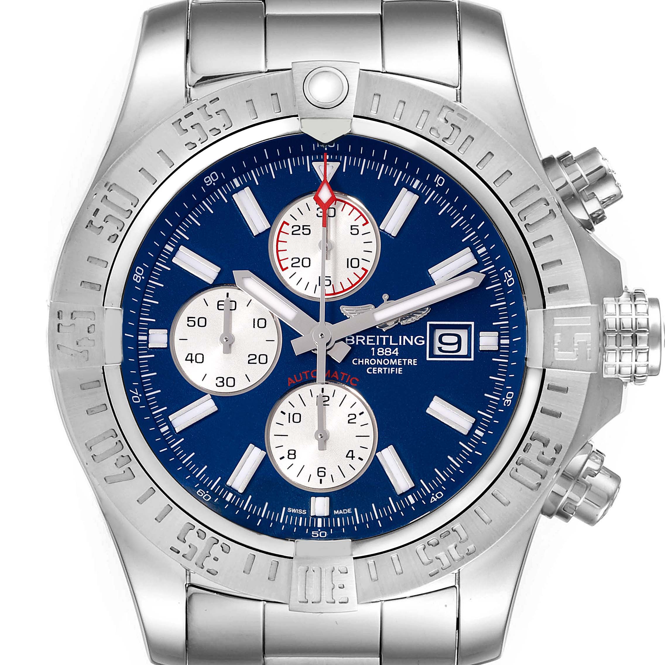 The image shows a front view of a Breitling Avenger A13371 Men's Stainless Steel Blue Dial A13371 Men's Stainless Steel Blue Dial watch, featuring its bezel, dial, sub-dials, date window, and crown.