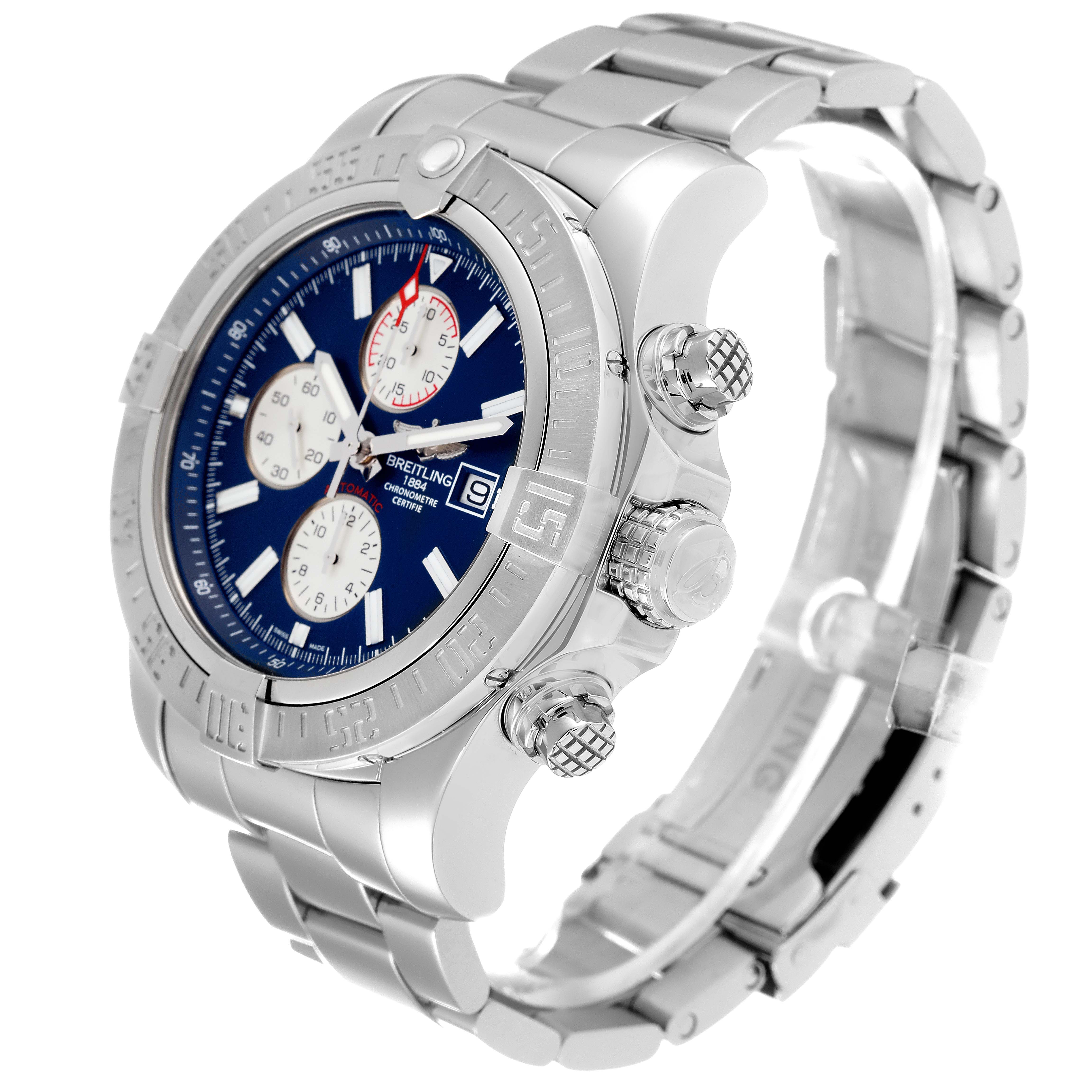 This Breitling Avenger A13371 Men's Stainless Steel Blue Dial A13371 Men's Stainless Steel Blue Dial watch is shown at a three-quarter angle, displaying its blue dial, subdials, bezel, and metal bracelet.
