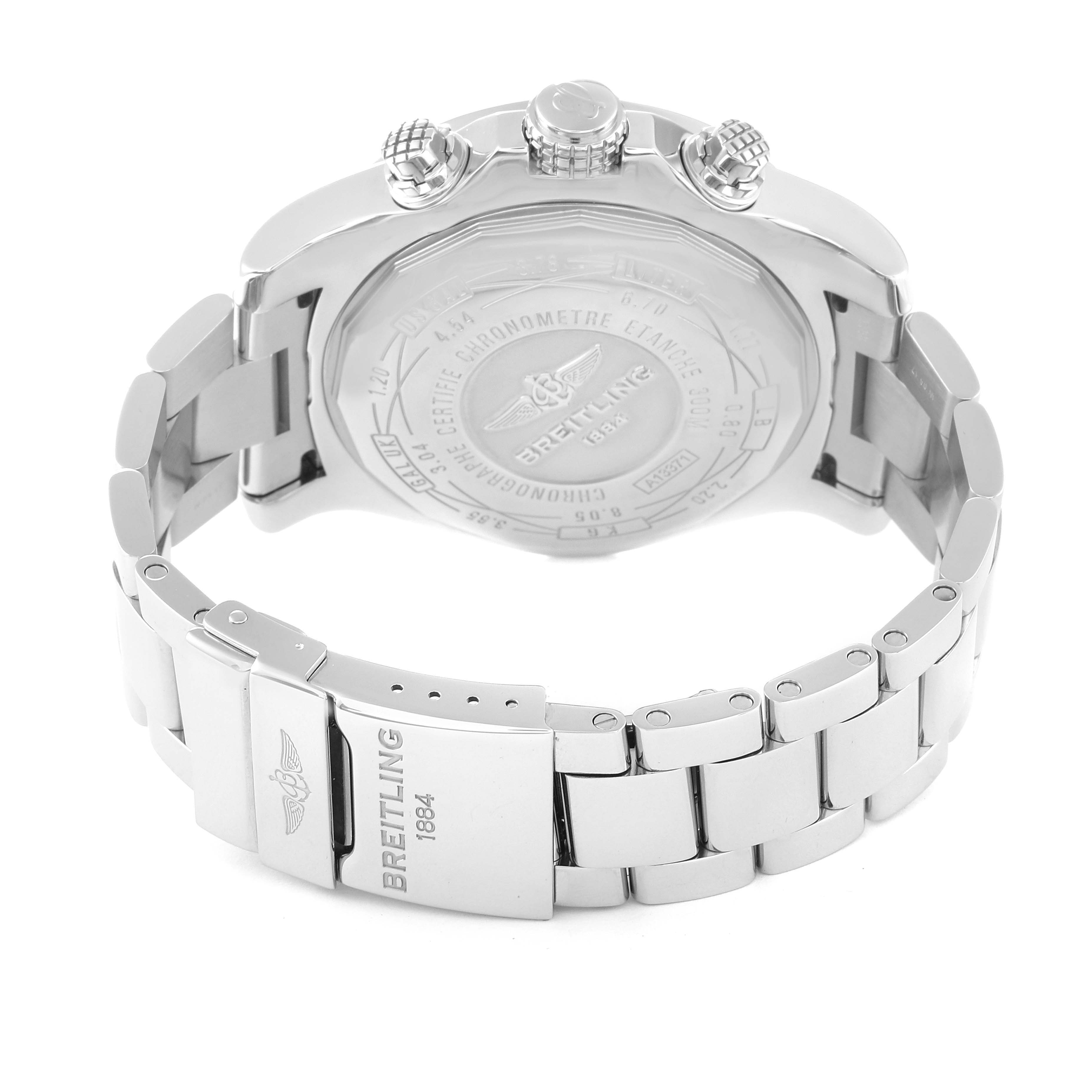 The image shows the back case and metal bracelet of a Breitling Avenger A13371 Men's Stainless Steel Blue Dial A13371 Men's Stainless Steel Blue Dial watch from a slightly angled rear perspective.