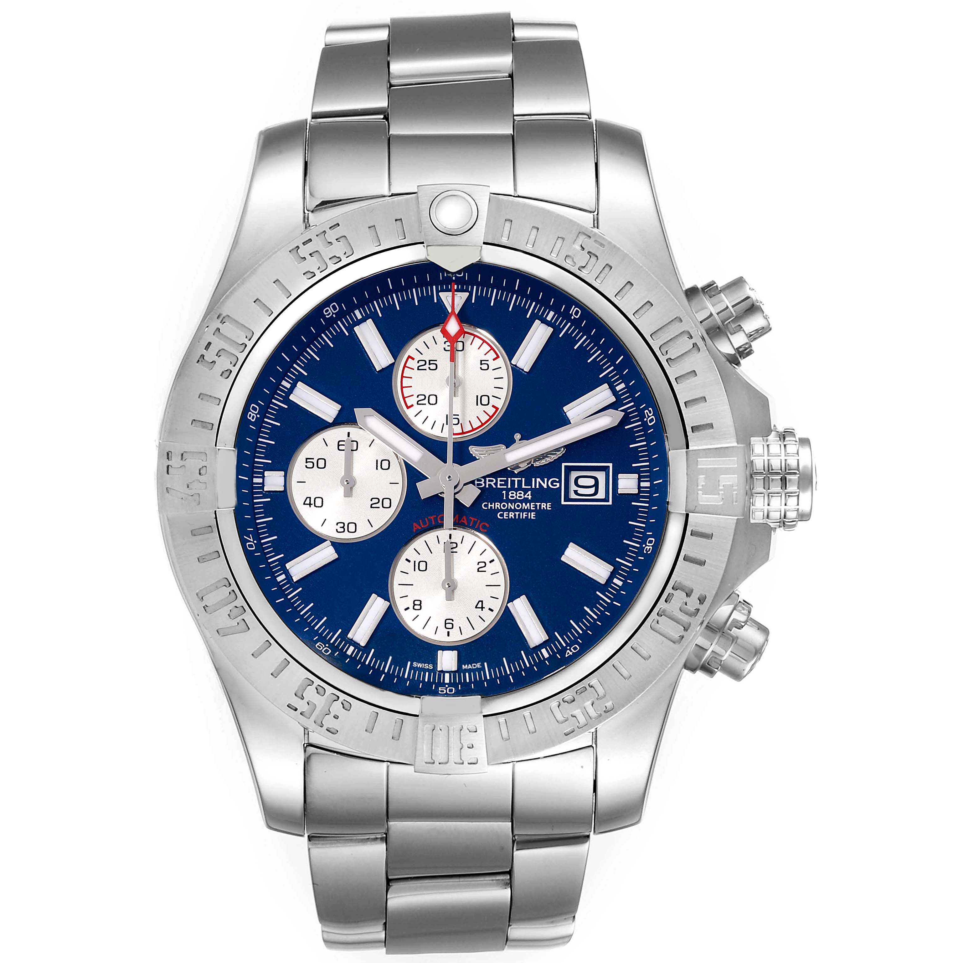The image shows a top-down view of the Breitling Avenger A13371 Men's Stainless Steel Blue Dial A13371 Men's Stainless Steel Blue Dial watch, highlighting the dial, bezel, chronograph sub-dials, and bracelet.