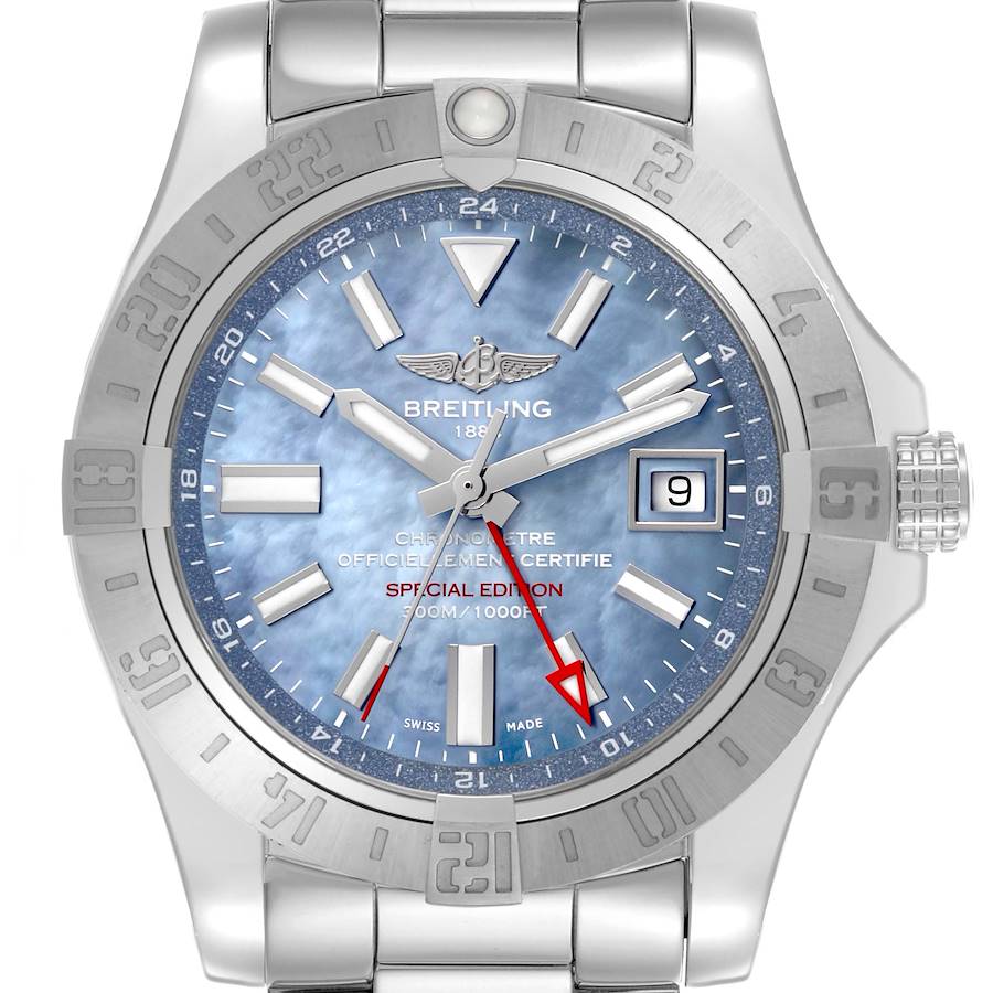 The Breitling Avenger watch is shown from the front, highlighting its face, bezel, date window, and steel bracelet.