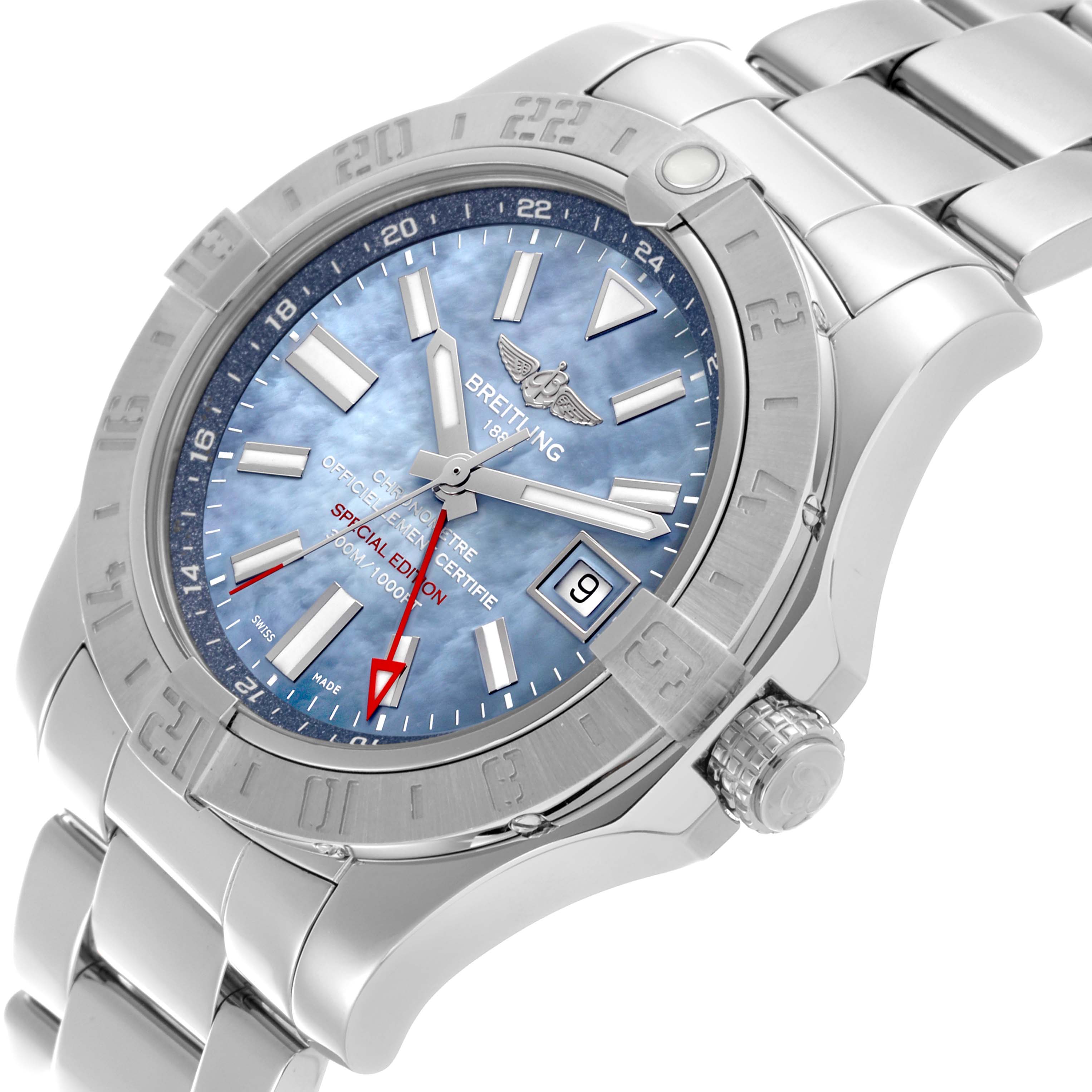 The Breitling Avenger A3239011/C930 Men's Stainless Steel Mother of Pearl Dial A3239011/C930 Men's Stainless Steel Mother of Pearl Dial watch is shown at a tilted angle, displaying the bezel, crown, and bracelet with a clear view of the dial.