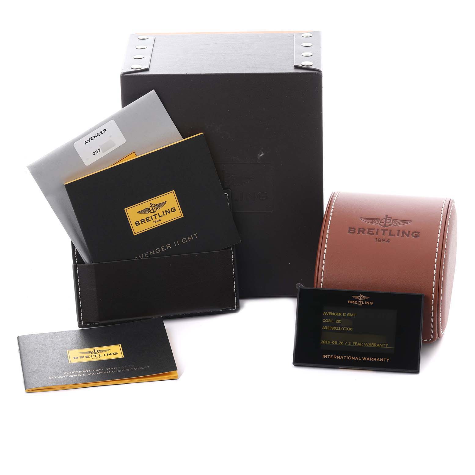 The image shows the Breitling Avenger A3239011/C930 Men's Stainless Steel Mother of Pearl Dial A3239011/C930 Men's Stainless Steel Mother of Pearl Dial II GMT packaging, including a case, warranty card, and manuals, from a front angle.