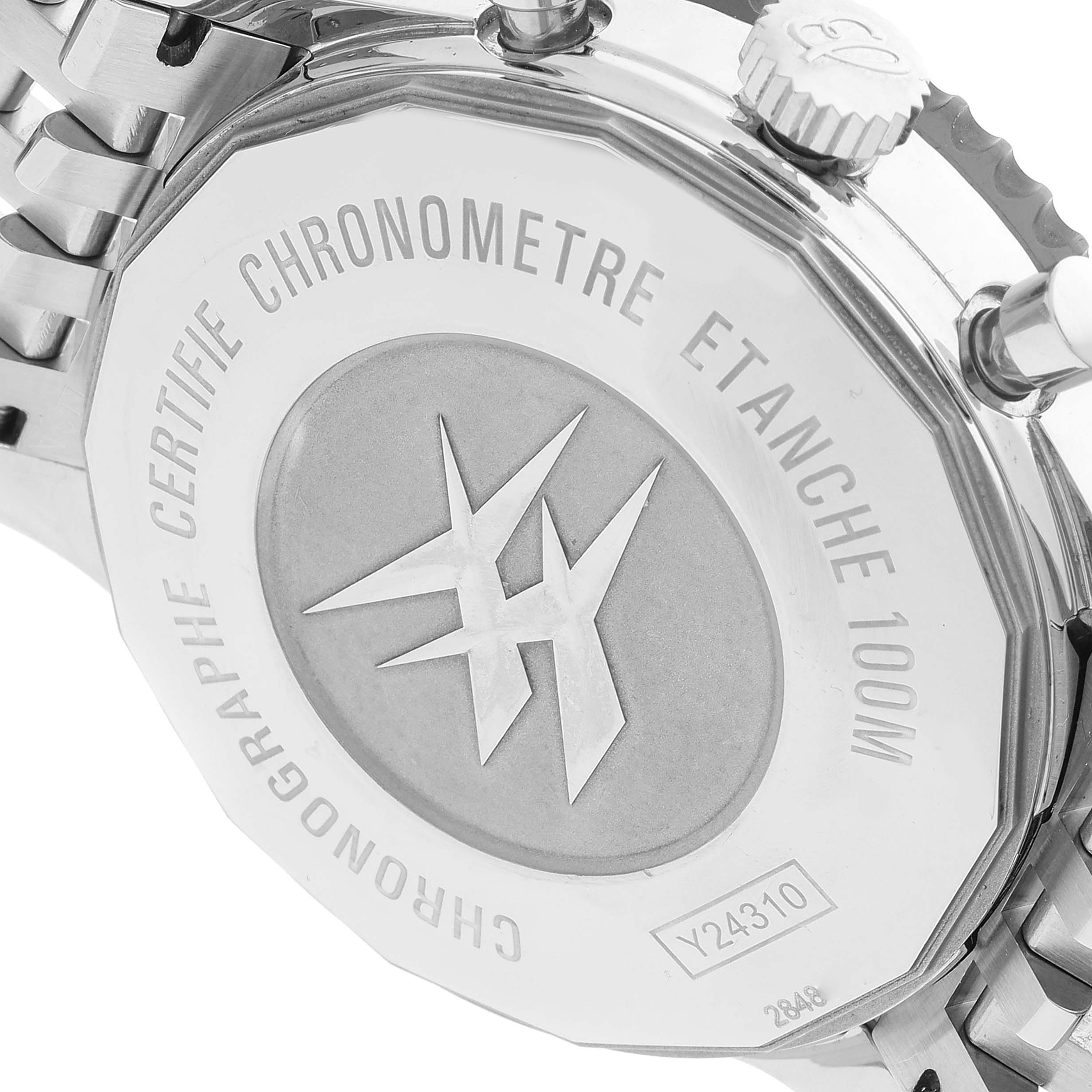 The image shows the back case and part of the bracelet of a Breitling Chronoliner Y2431012/BE10 Men's Stainless Steel Black Dial Y2431012/BE10 Men's Stainless Steel Black Dial watch, highlighting its chronometer certification and water resistance.