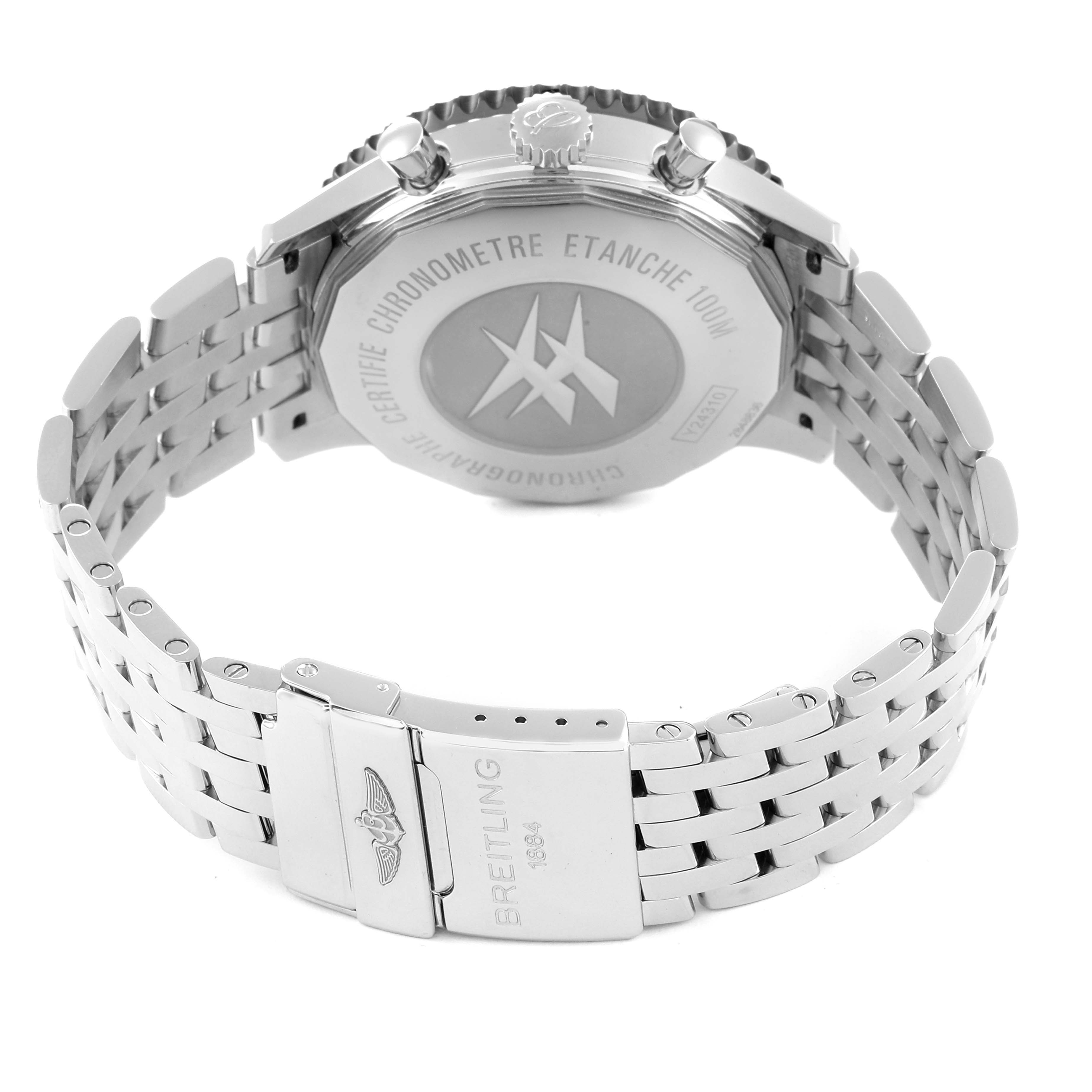 The image shows the back view of a Breitling Chronoliner Y2431012/BE10 Men's Stainless Steel Black Dial Y2431012/BE10 Men's Stainless Steel Black Dial watch, focusing on its clasp and case back.