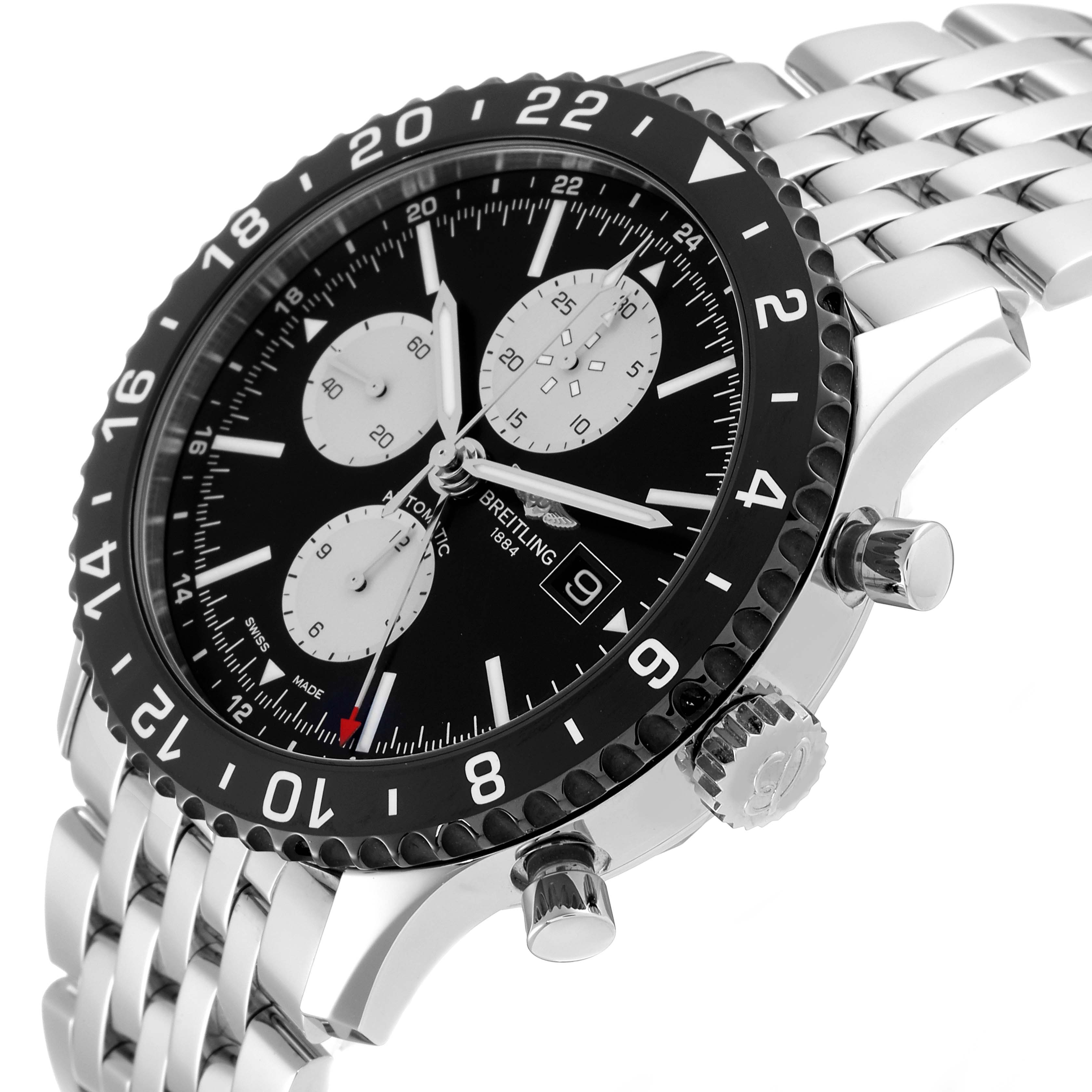 The image shows a Breitling Chronoliner Y2431012/BE10 Men's Stainless Steel Black Dial Y2431012/BE10 Men's Stainless Steel Black Dial watch at an angled view, highlighting the bezel, dial, chronograph subdials, and steel bracelet.