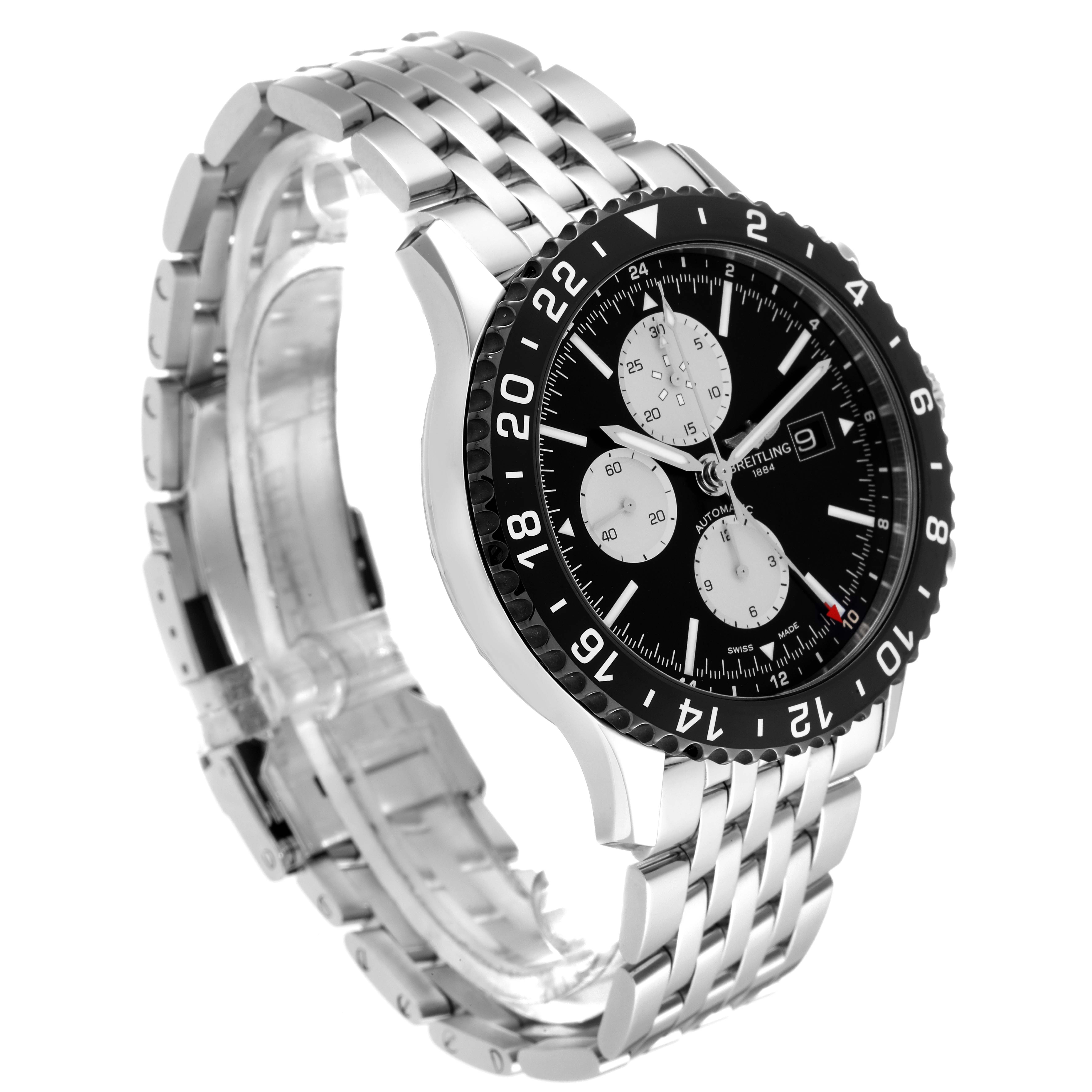 This image displays the Breitling Chronoliner Y2431012/BE10 Men's Stainless Steel Black Dial Y2431012/BE10 Men's Stainless Steel Black Dial watch at a slight side angle, showing the band, dial, and bezel.