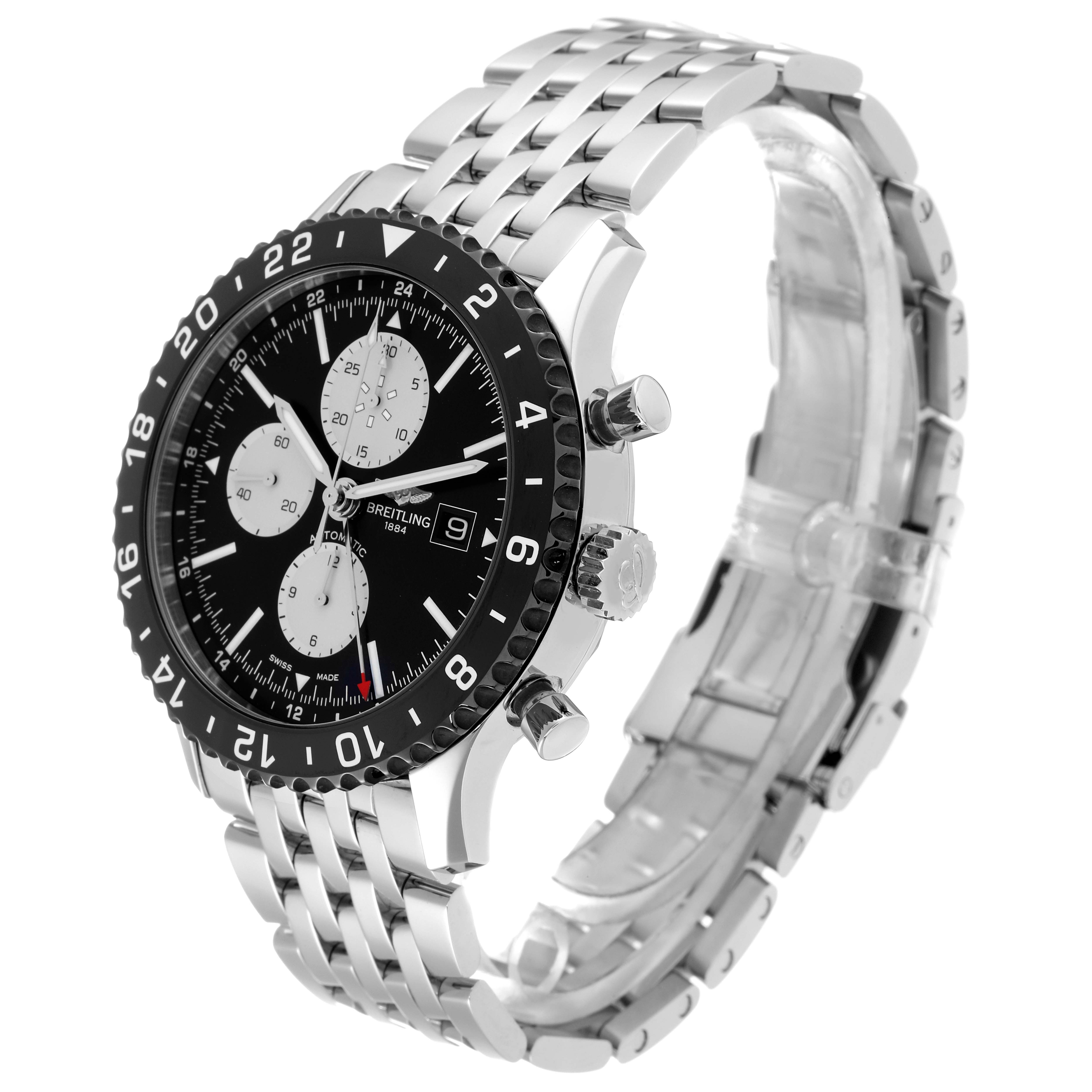 The Breitling Chronoliner Y2431012/BE10 Men's Stainless Steel Black Dial Y2431012/BE10 Men's Stainless Steel Black Dial watch is shown at an angled side view, displaying the face, bezel, crown, pushers, and bracelet.