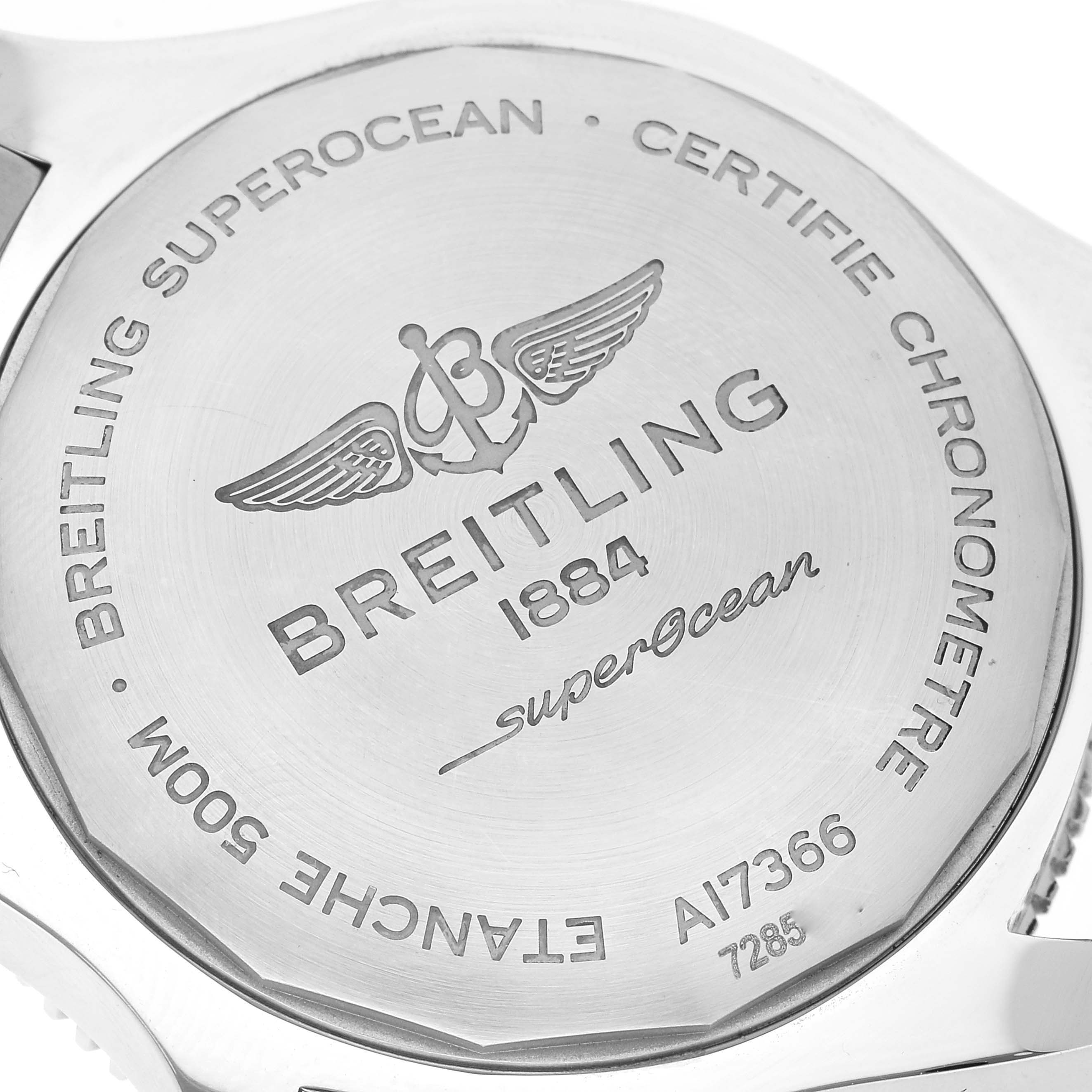 The image shows the back case of a Breitling Superocean A17366 Men's Stainless Steel Black Dial A17366 Men's Stainless Steel Black Dial watch, displaying its engraved details.