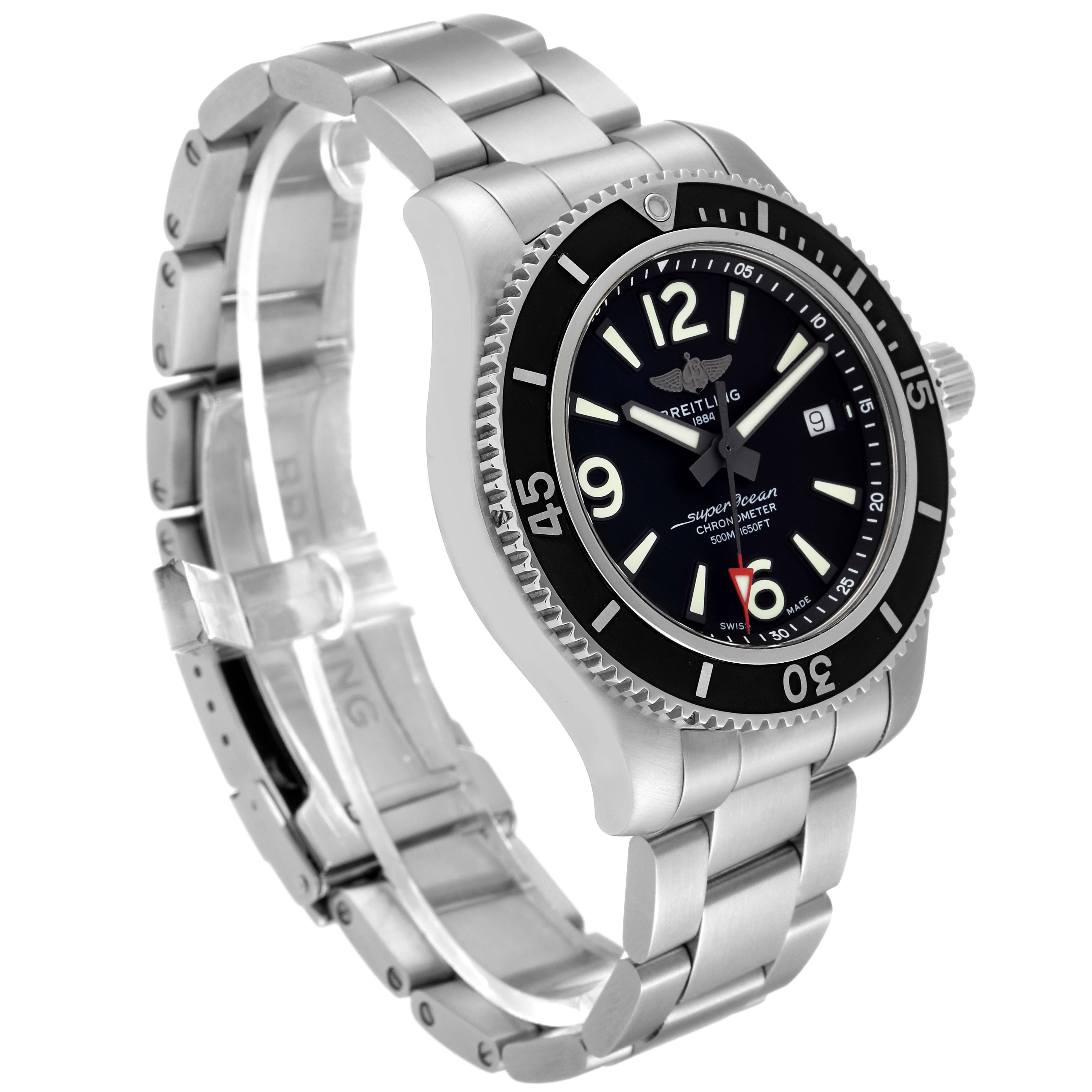 The image shows a side view of a Breitling Superocean A17366 Men's Stainless Steel Black Dial A17366 Men's Stainless Steel Black Dial watch, highlighting its stainless steel bracelet and black bezel.