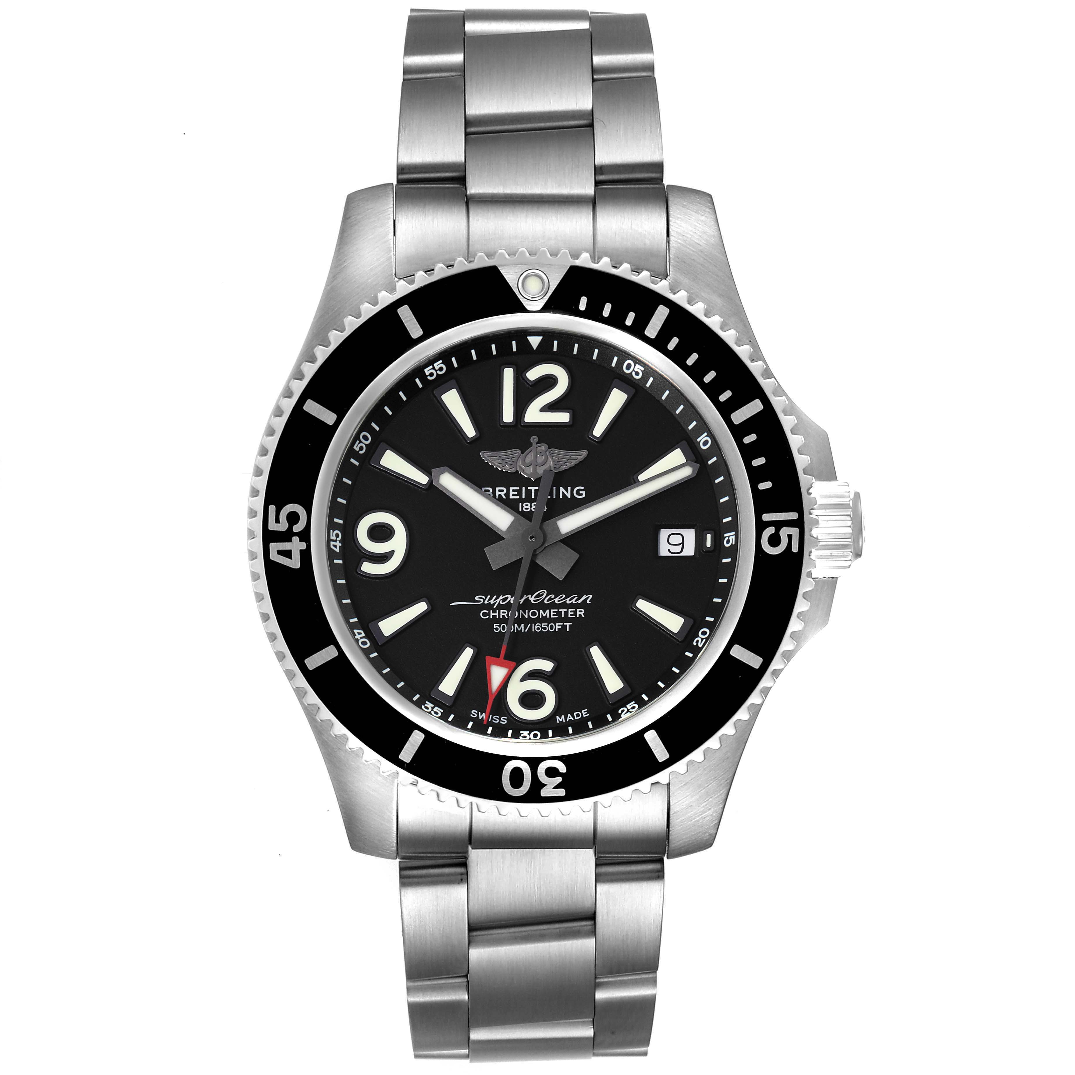 The image shows a frontal view of the Breitling Superocean A17366 Men's Stainless Steel Black Dial A17366 Men's Stainless Steel Black Dial watch, highlighting its face, bezel, crown, and stainless steel bracelet.