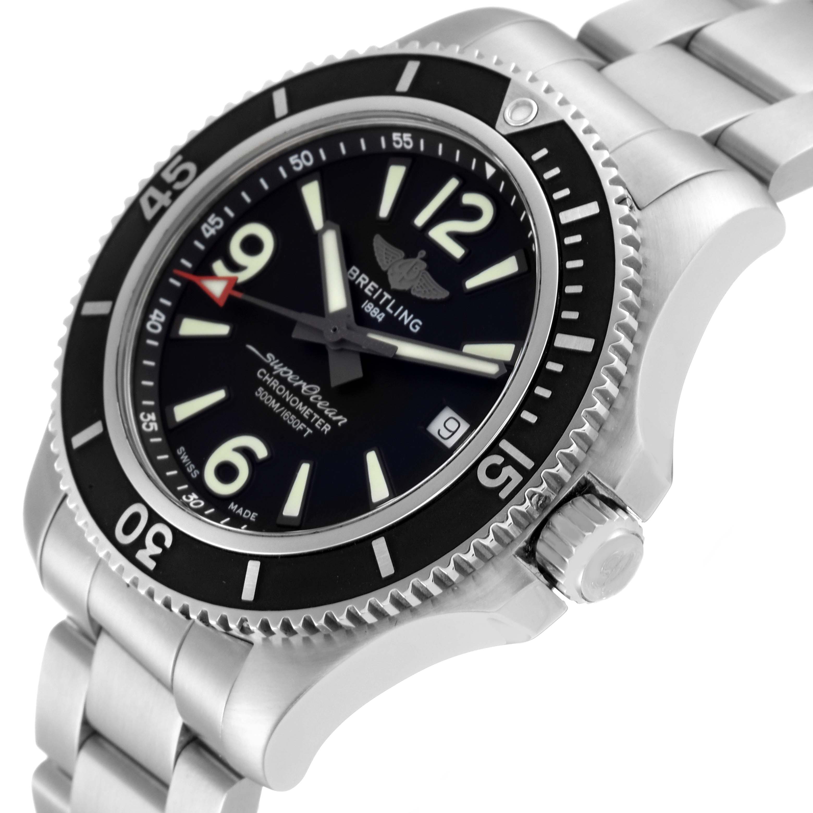 The image shows a Breitling Superocean A17366 Men's Stainless Steel Black Dial A17366 Men's Stainless Steel Black Dial watch at an angle highlighting the face, bezel, crown, and part of the stainless steel bracelet.
