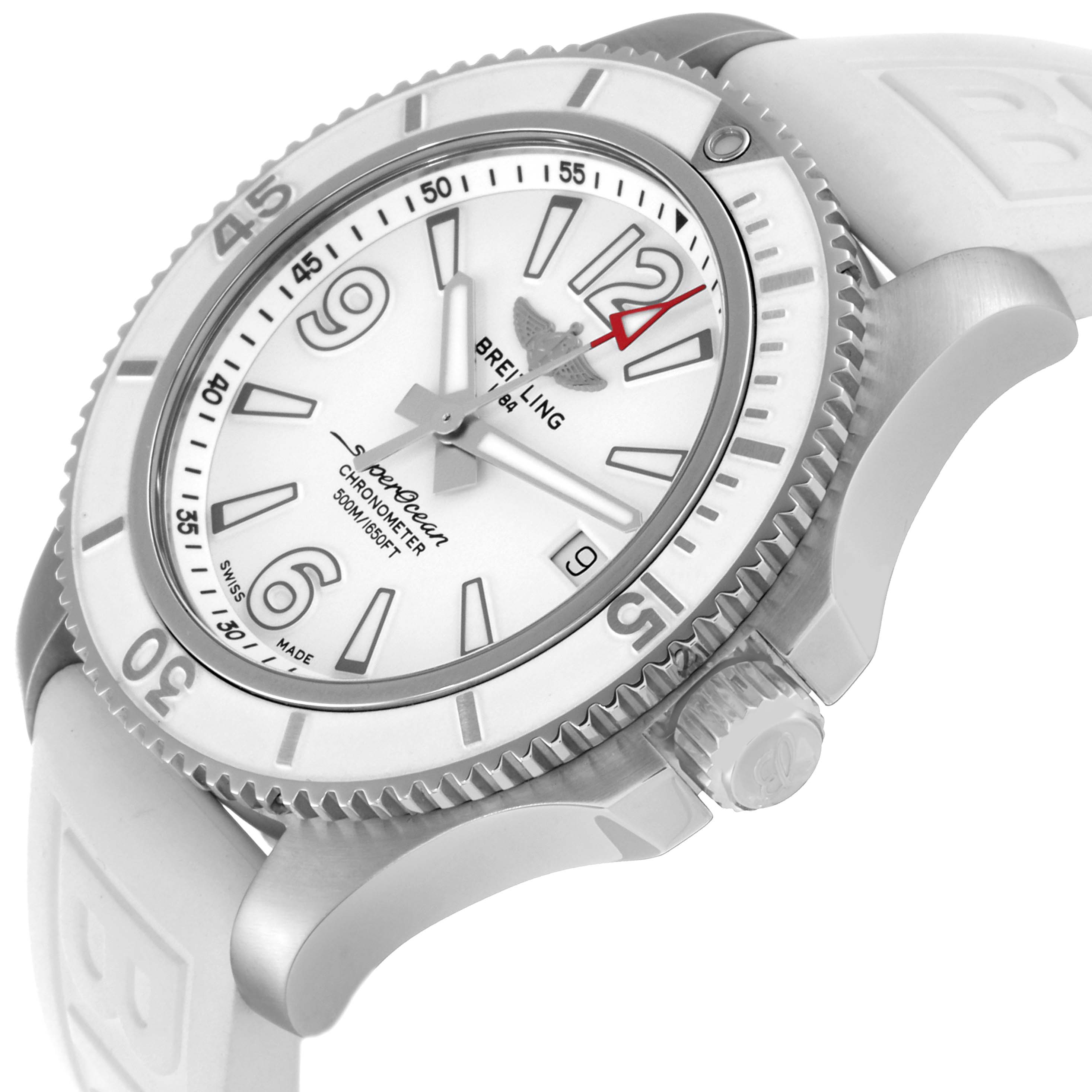 The image shows a close-up side angle of the Breitling Superocean A17366 Men's Stainless Steel White Dial A17366 Men's Stainless Steel White Dial watch, highlighting the face, bezel, crown, and portion of the strap.