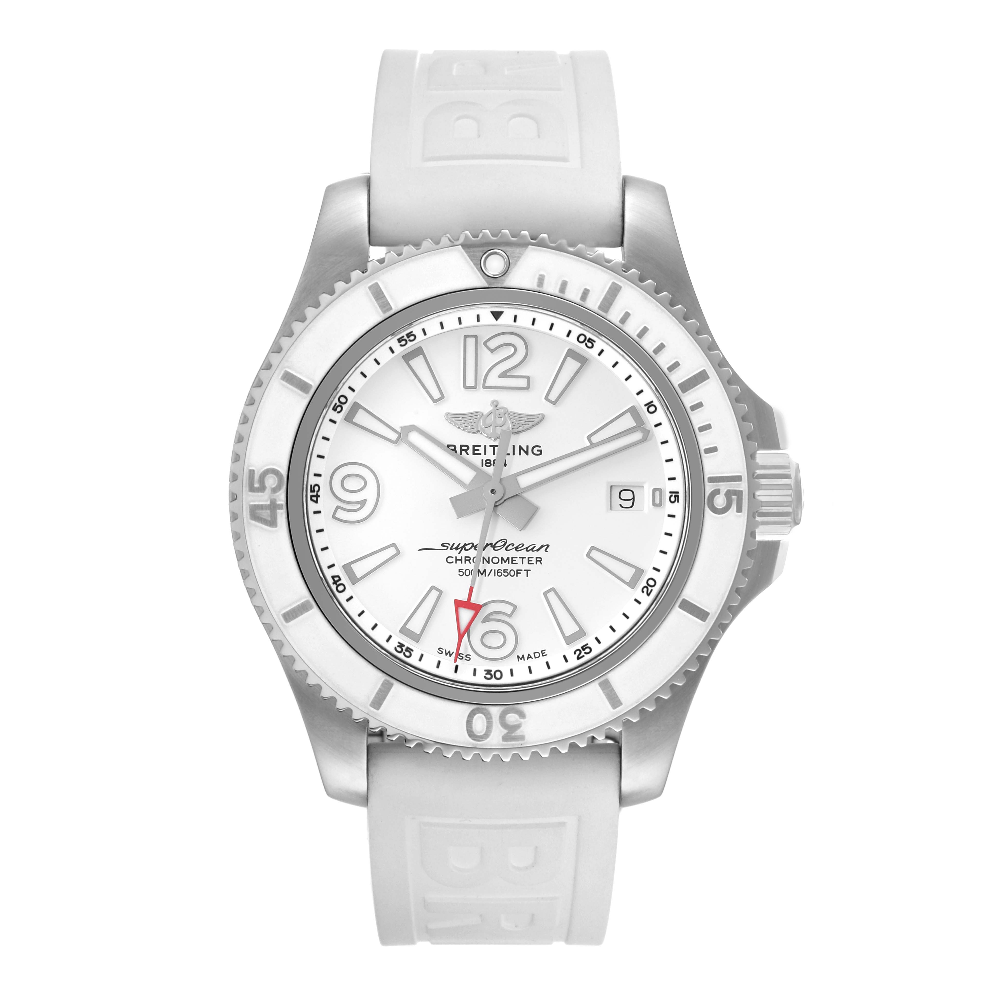 The image shows a front view of a Breitling Superocean A17366 Men's Stainless Steel White Dial A17366 Men's Stainless Steel White Dial watch with a white dial and bezel, and a white rubber strap.