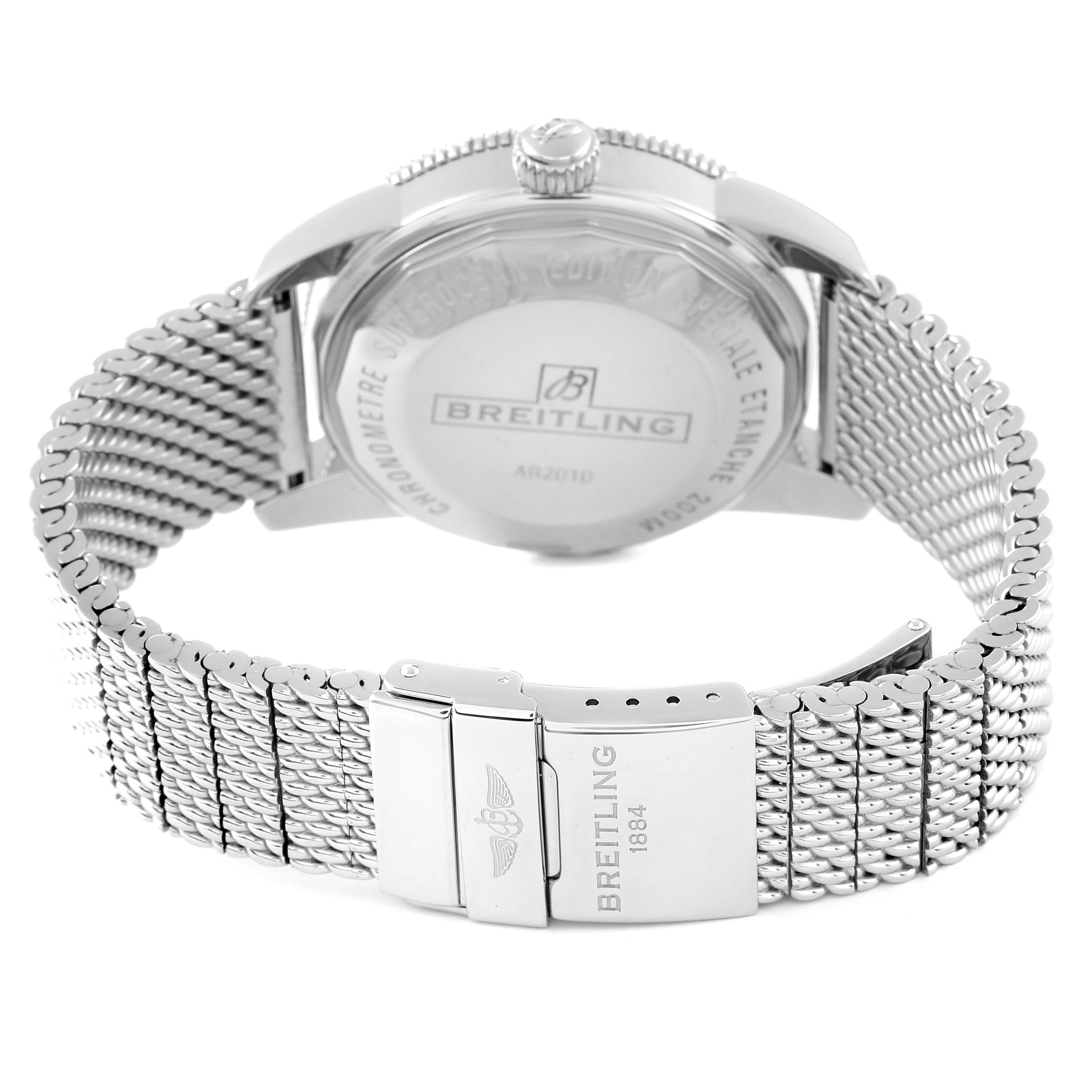 The image shows the back case and bracelet of a Breitling Superocean AB2010 Men's Stainless Steel Black Dial AB2010 Men's Stainless Steel Black Dial watch, viewed from a slight angle highlighting the clasp.