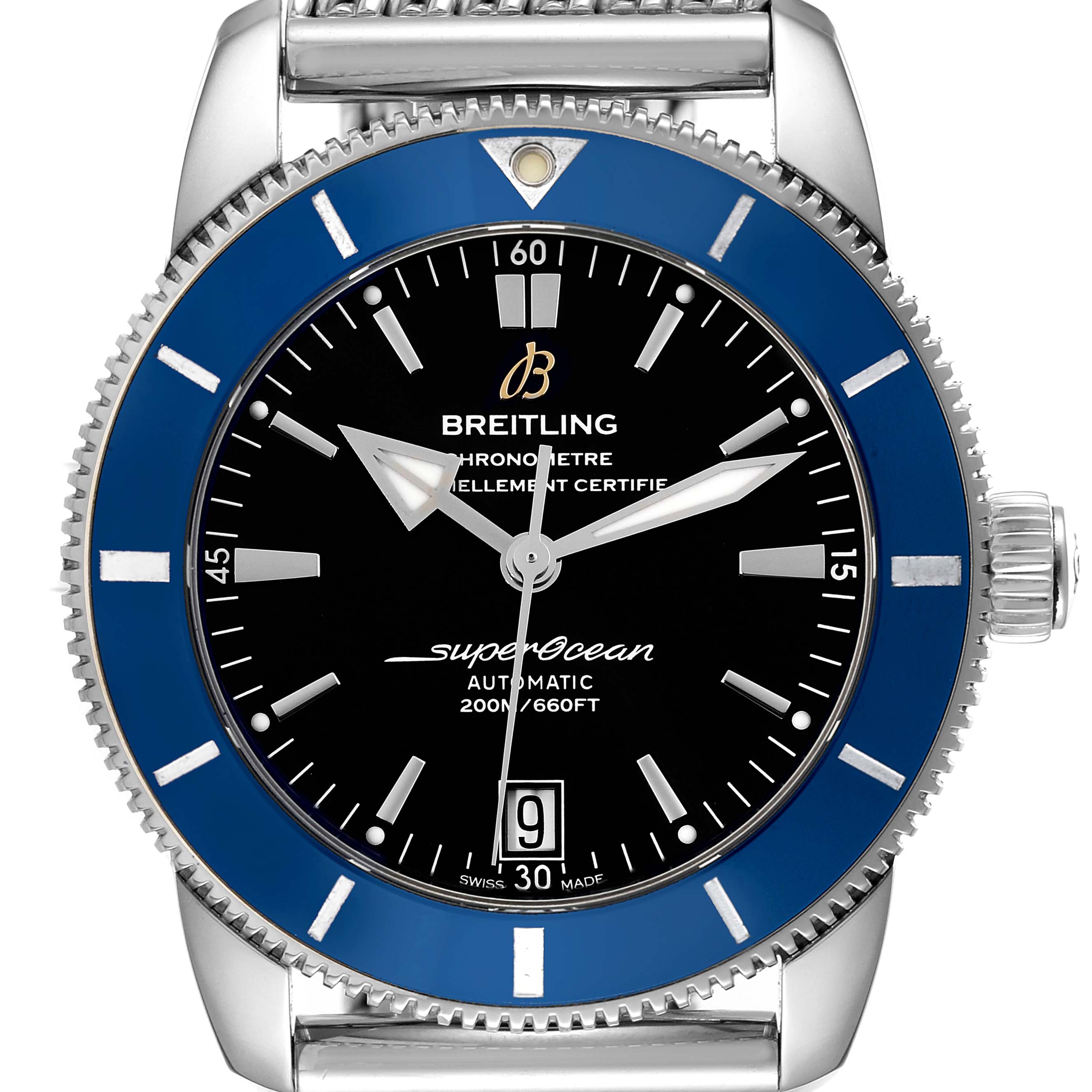 The image shows a front view of the Breitling Superocean AB2010 Men's Stainless Steel Black Dial AB2010 Men's Stainless Steel Black Dial watch, highlighting the dial, hands, bezel, and part of the bracelet.