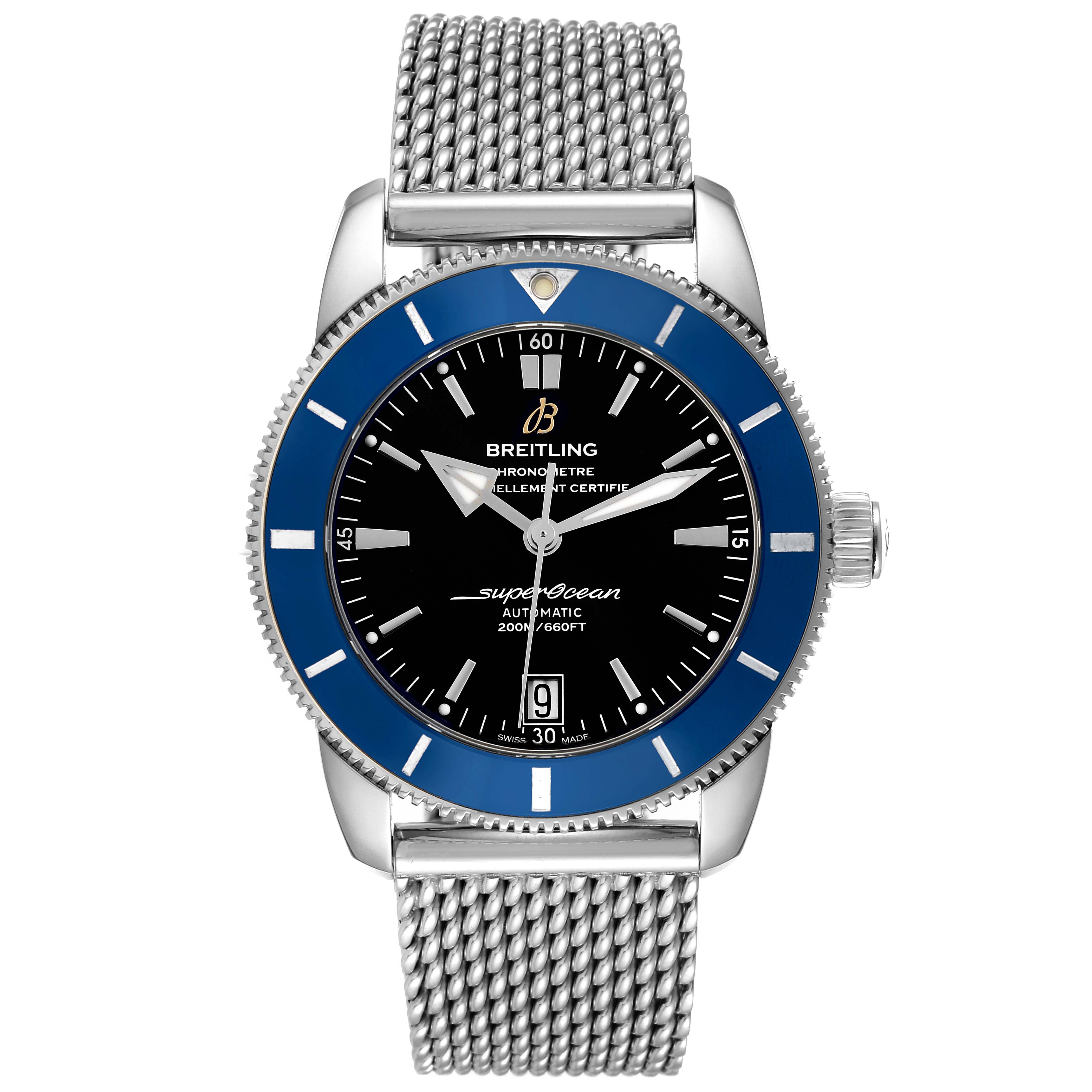 The image shows the Breitling Superocean AB2010 Men's Stainless Steel Black Dial AB2010 Men's Stainless Steel Black Dial watch from a front angle, displaying the face, bezel, crown, and mesh bracelet.