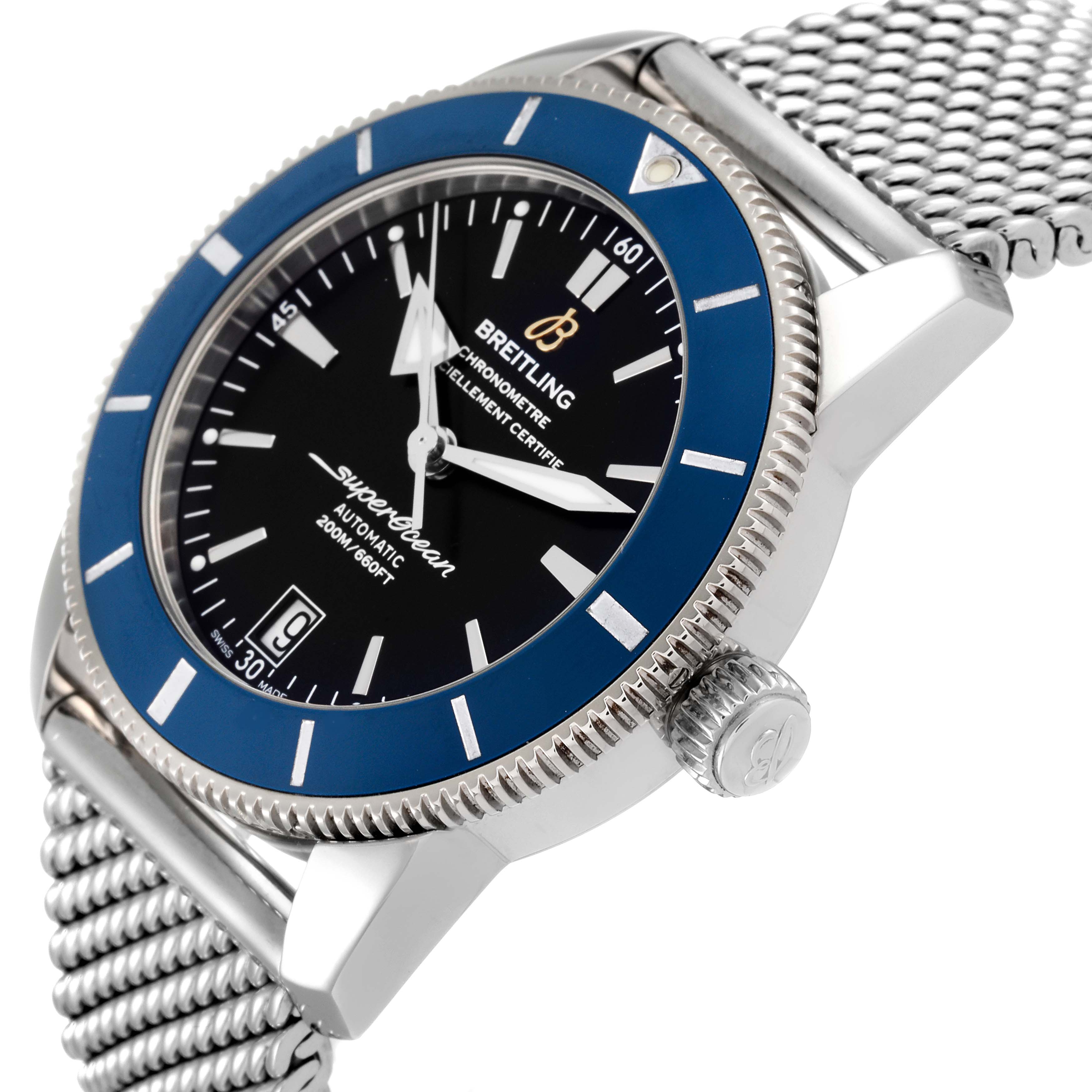The Breitling Superocean AB2010 Men's Stainless Steel Black Dial AB2010 Men's Stainless Steel Black Dial watch is shown at an angle highlighting the dial, bezel, crown, and part of the metal mesh bracelet.