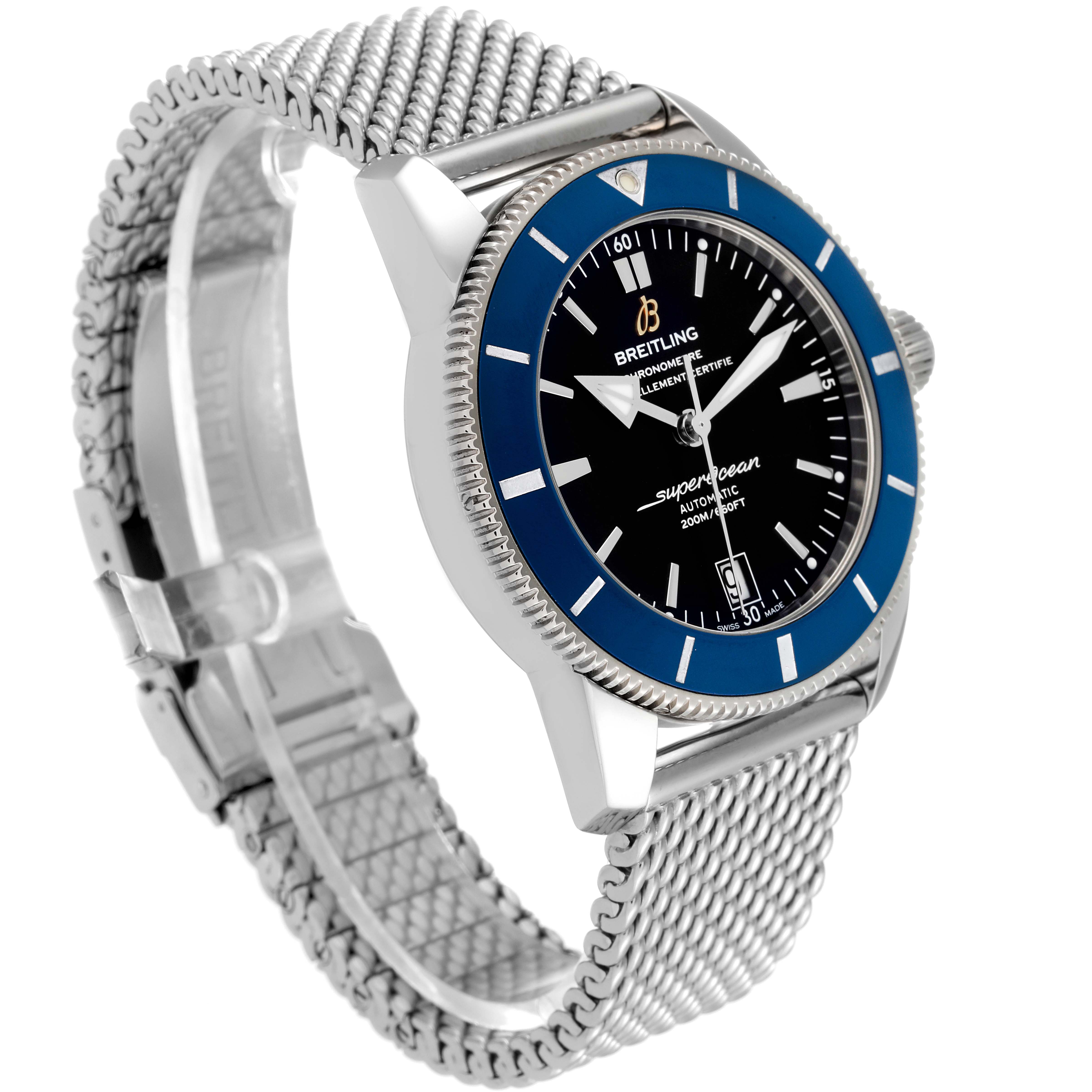 This Breitling Superocean AB2010 Men's Stainless Steel Black Dial AB2010 Men's Stainless Steel Black Dial watch is shown at a slight angle, highlighting its dial, bezel, case, and bracelet.