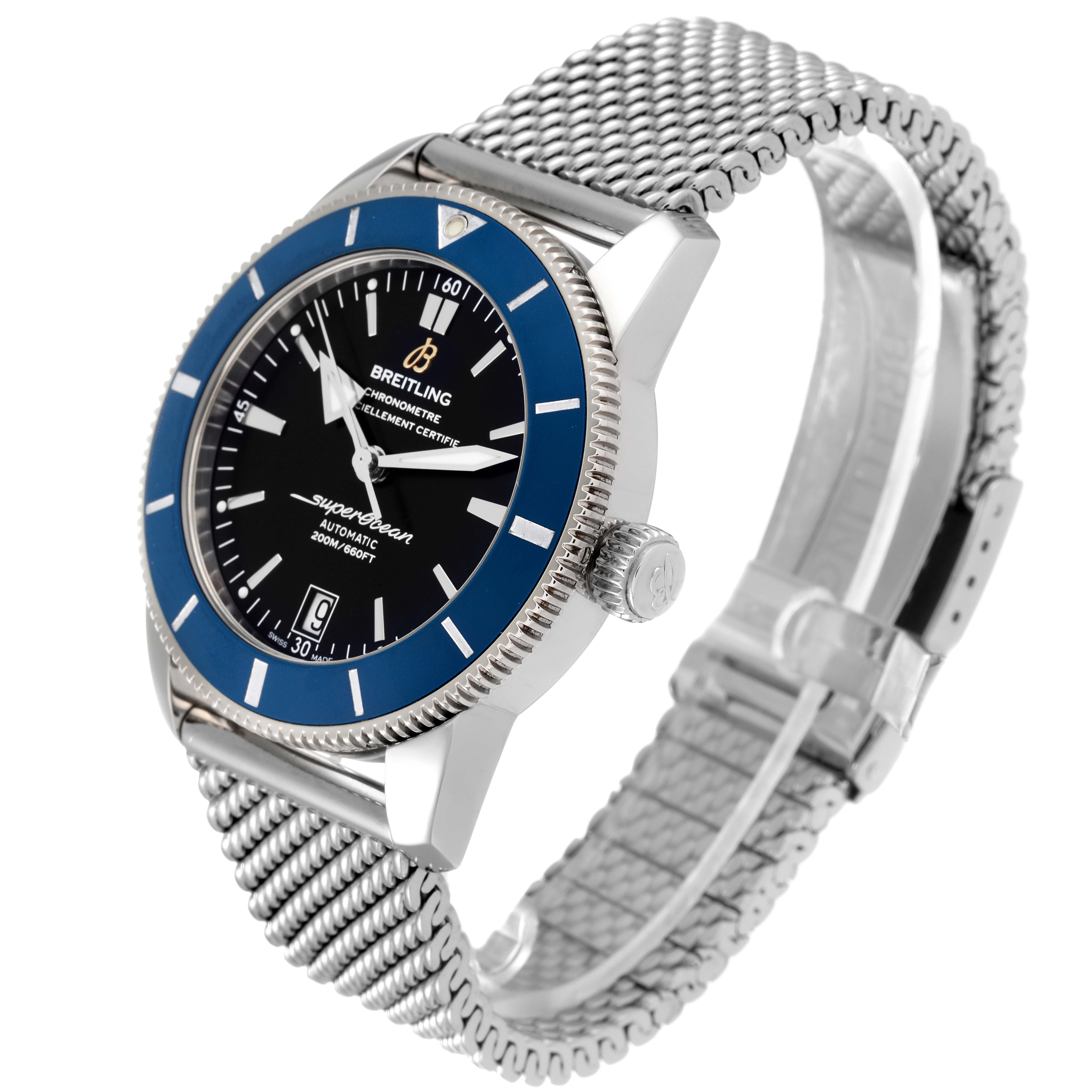 The Breitling Superocean AB2010 Men's Stainless Steel Black Dial AB2010 Men's Stainless Steel Black Dial watch is shown at an angle displaying the face, bezel, crown, and mesh bracelet.
