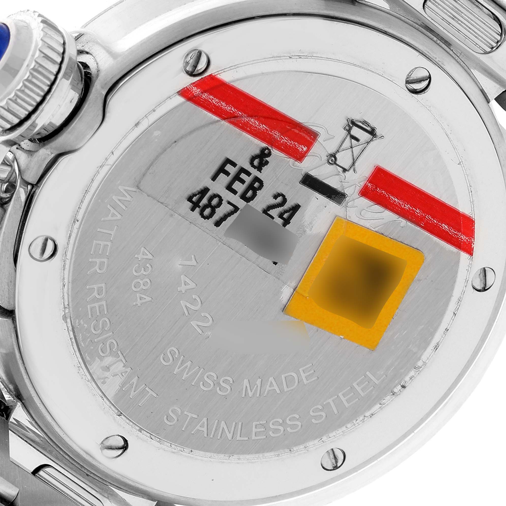 The image shows the case back of a Cartier Pasha WSPA0021 Women
s Stainless Steel Silver Dial WSPA0021 Women
s Stainless Steel Silver Dial watch with visible engraving and markings.