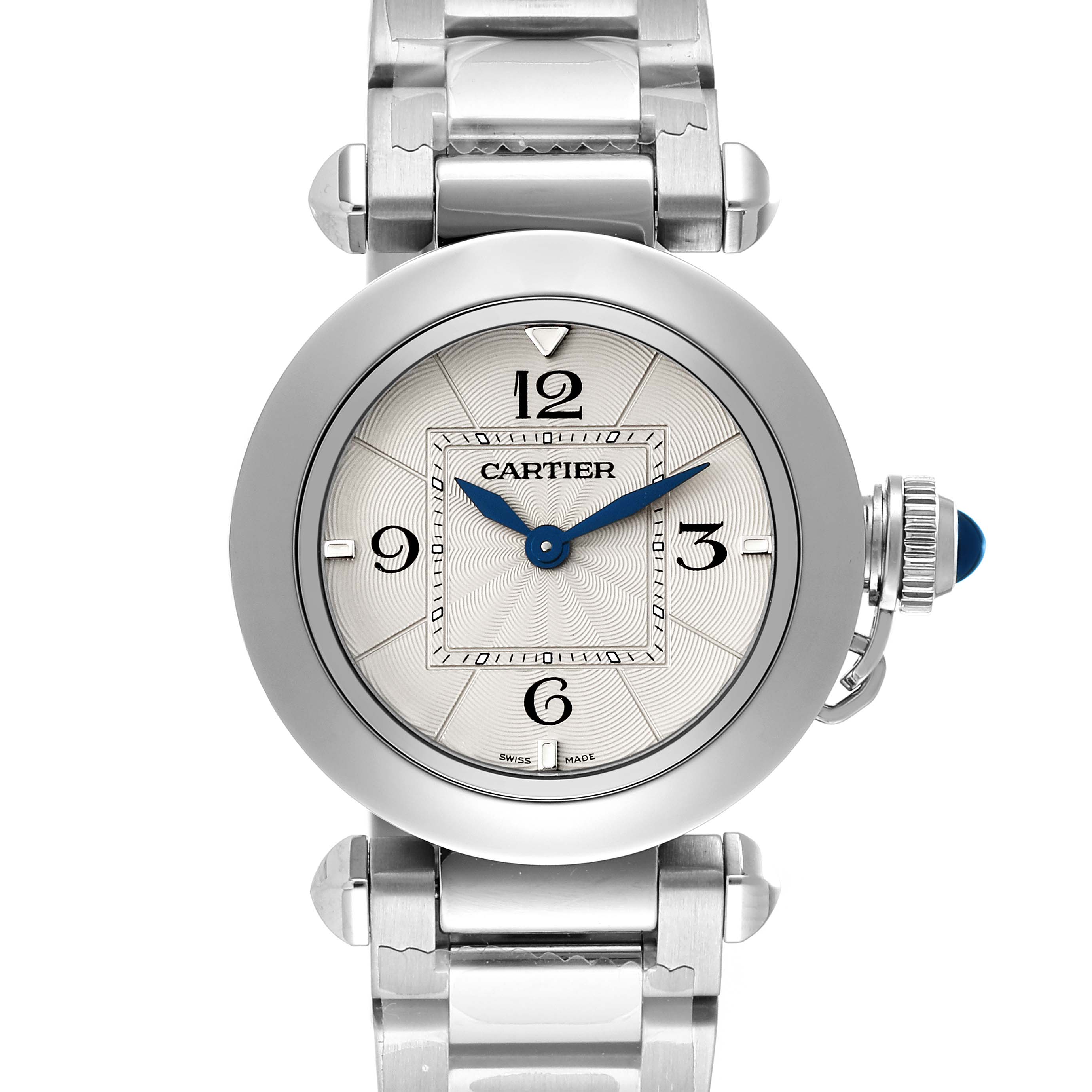 The image shows a front view of the Cartier Pasha WSPA0021 Women
s Stainless Steel Silver Dial WSPA0021 Women
s Stainless Steel Silver Dial watch, displaying its dial, bezel, and part of the bracelet.