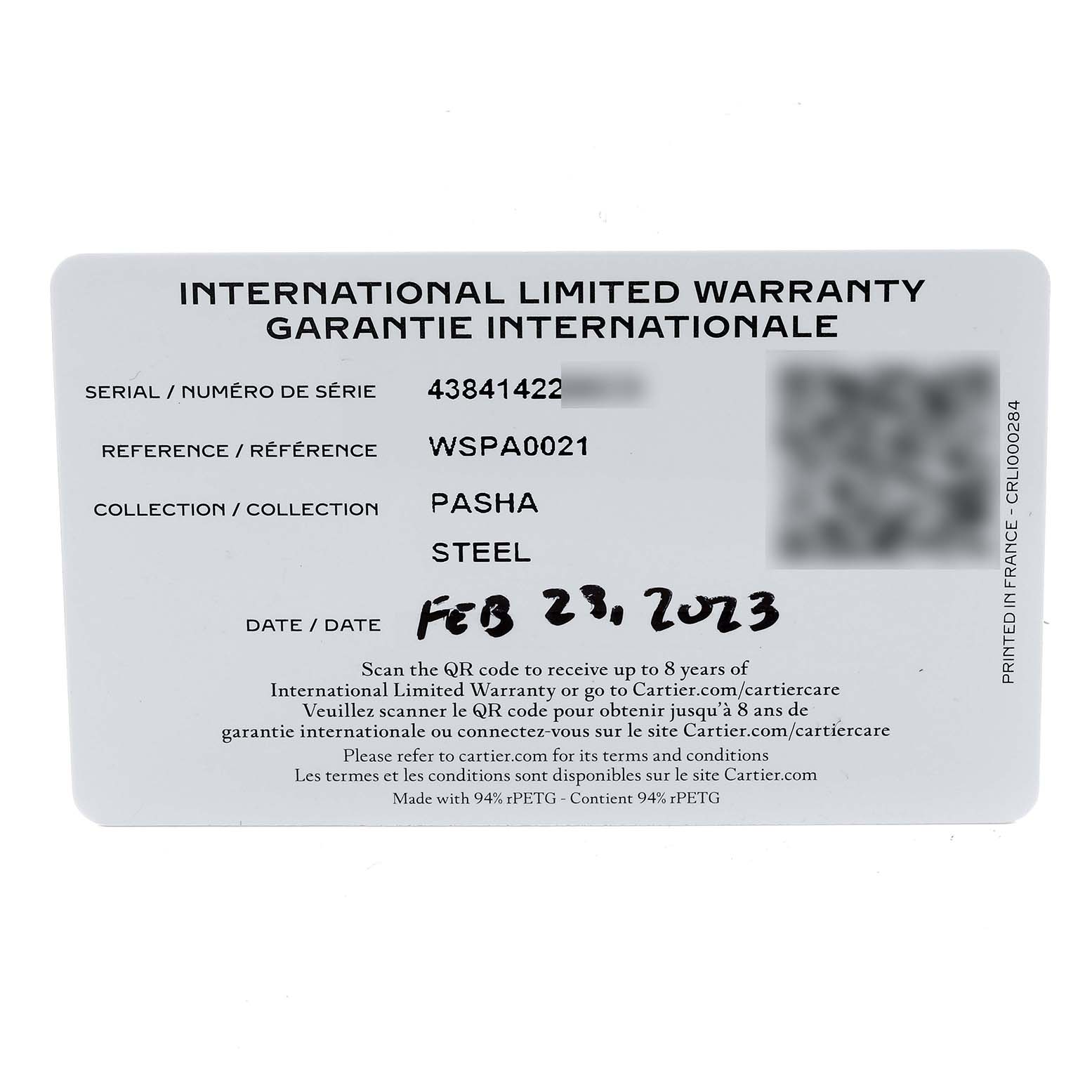 This image shows an International Limited Warranty card for a Cartier Pasha WSPA0021 Women
s Stainless Steel Silver Dial WSPA0021 Women
s Stainless Steel Silver Dial watch, dated February 23, 2023.