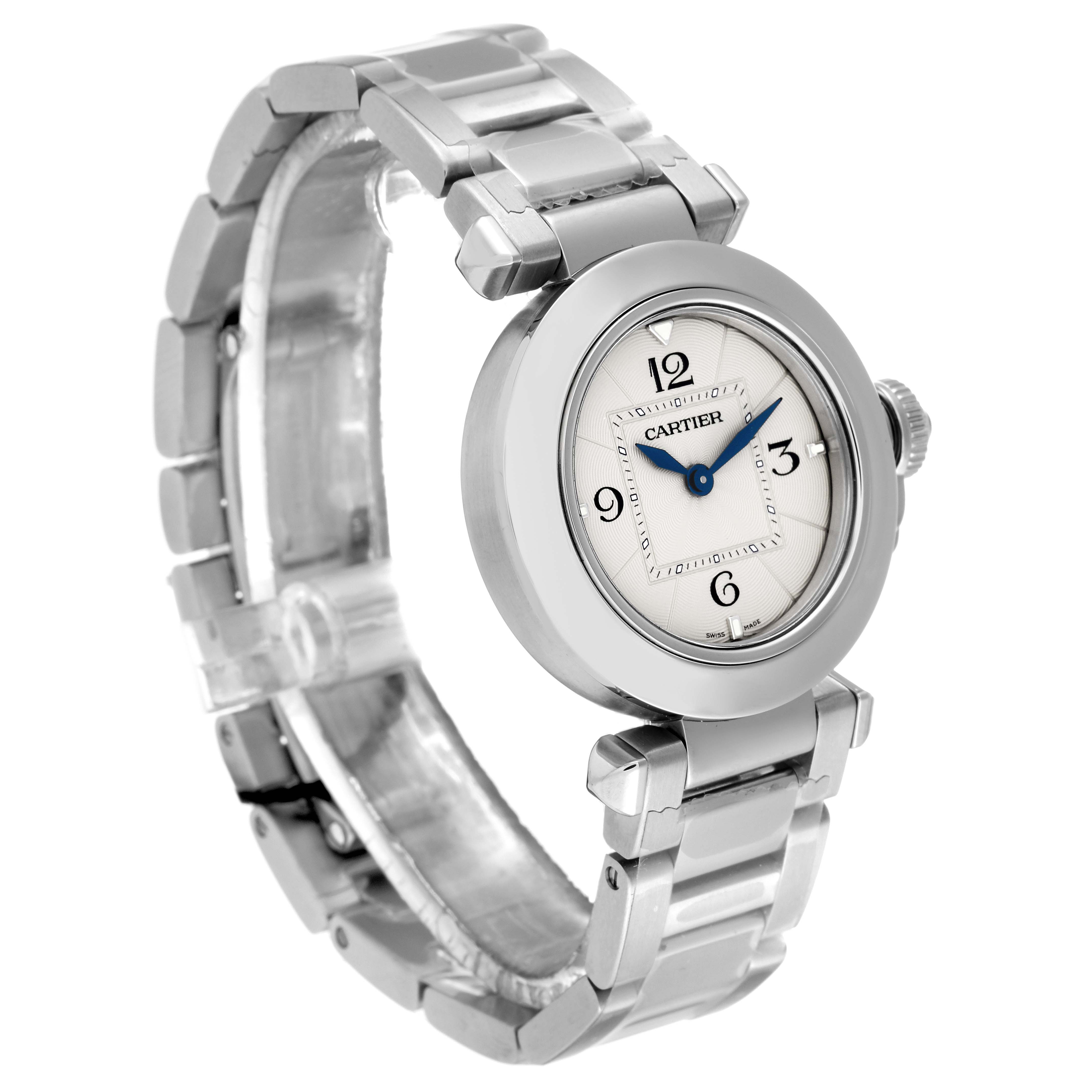 The image shows a front-side view of the Cartier Pasha WSPA0021 Women
s Stainless Steel Silver Dial WSPA0021 Women
s Stainless Steel Silver Dial watch, highlighting its dial, bracelet, and crown.