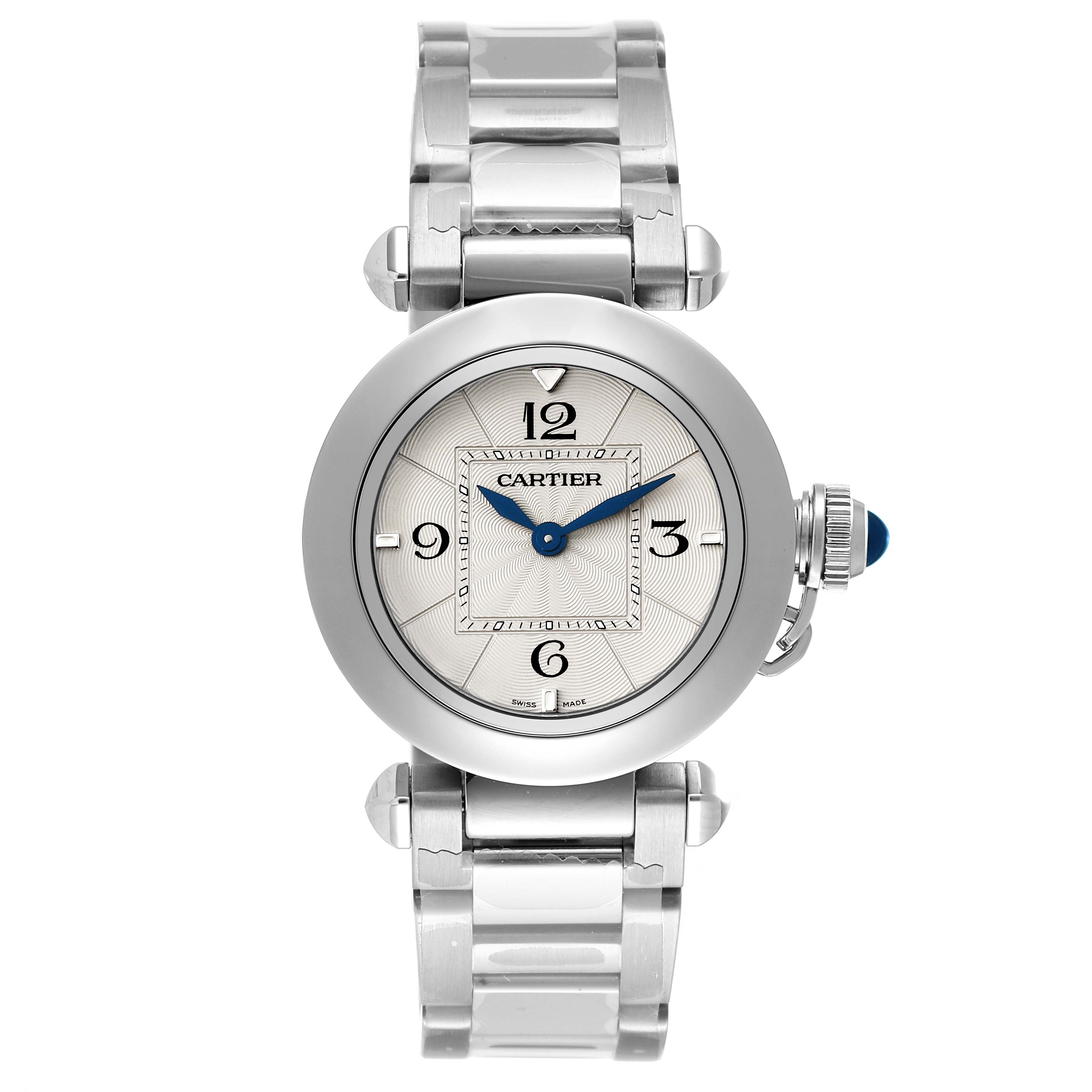 The image shows a Cartier Pasha WSPA0021 Women
s Stainless Steel Silver Dial WSPA0021 Women
s Stainless Steel Silver Dial watch from a top-down angle, displaying the face, bezel, and part of the metal band.