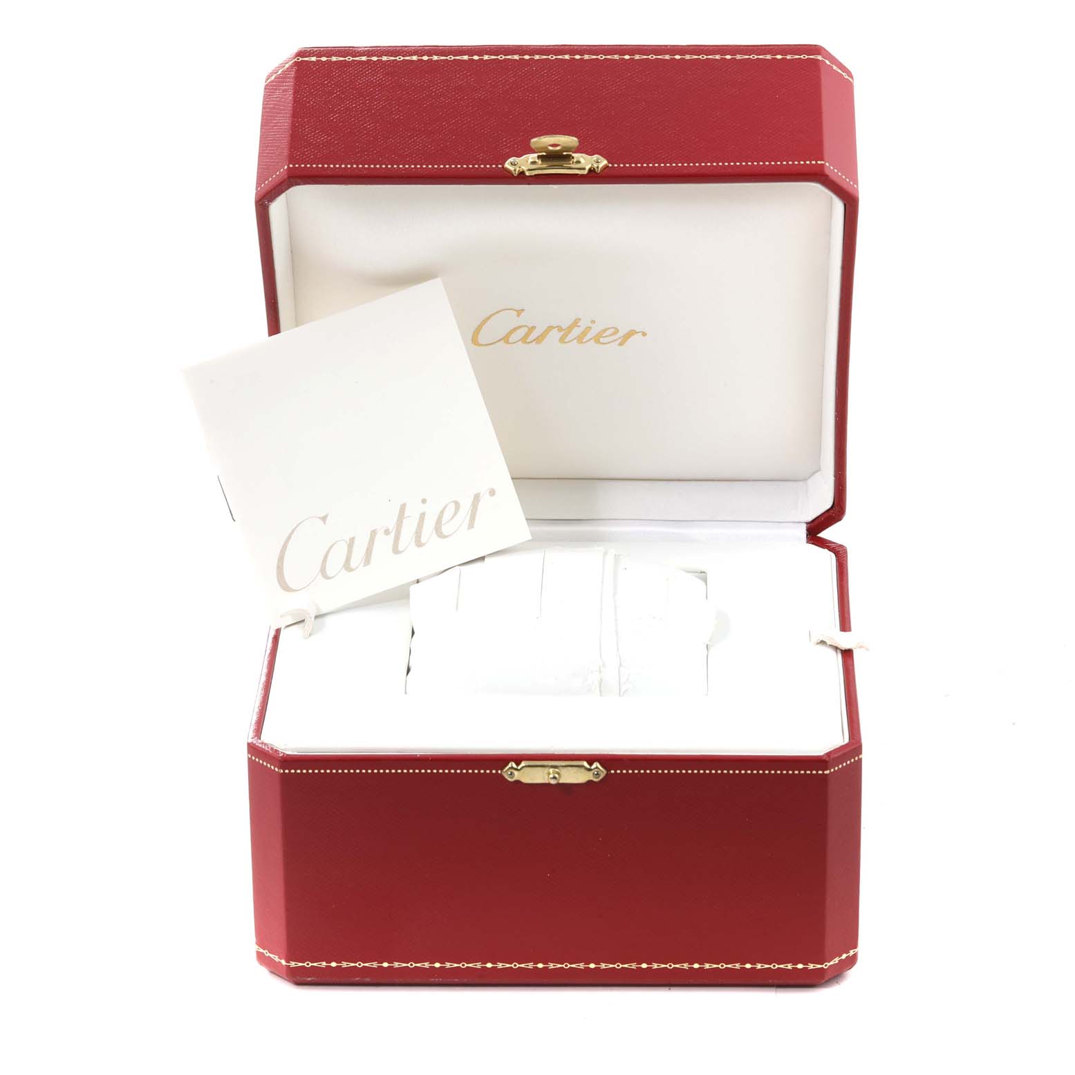 The image shows the Roadster model by Cartier in its open red box with a Cartier booklet included.
