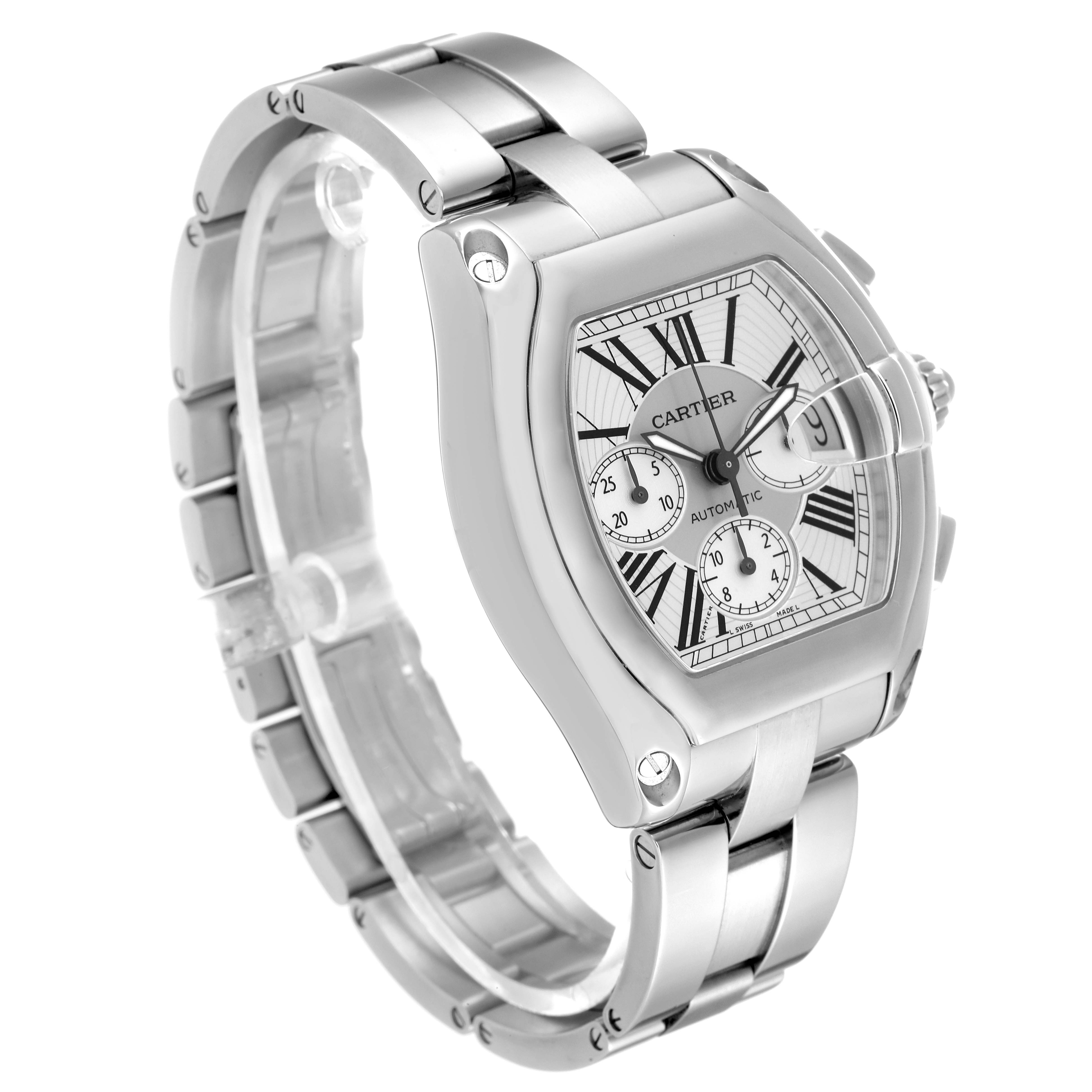 This image shows a Cartier Roadster W62019X6 Men
s Stainless Steel  W62019X6 Men
s Stainless Steel  watch from a three-quarter angle, highlighting its face, bezel, and bracelet.