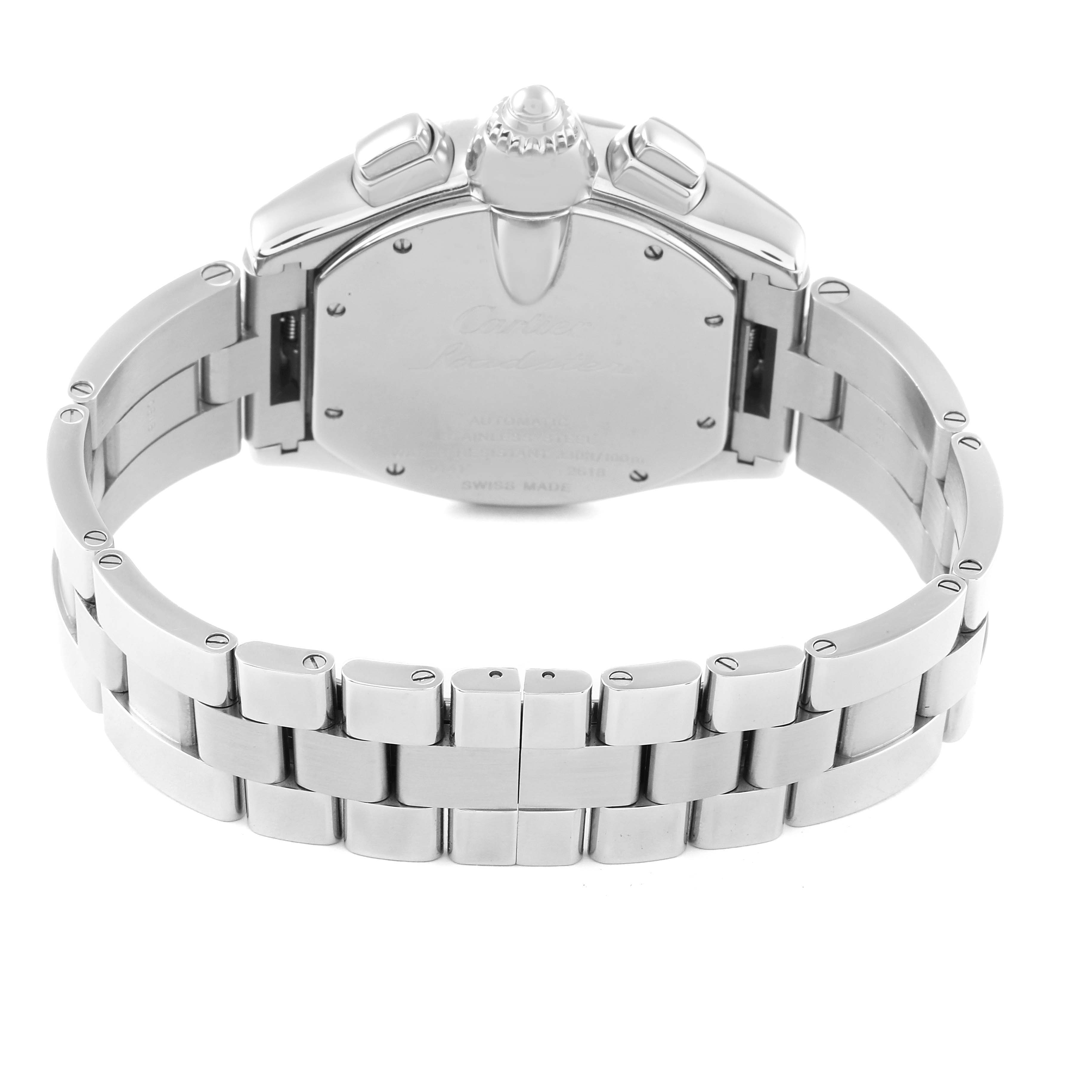 This image shows the back view of the Cartier Roadster W62019X6 Men
s Stainless Steel  W62019X6 Men
s Stainless Steel  watch, focusing on its case and stainless steel bracelet.