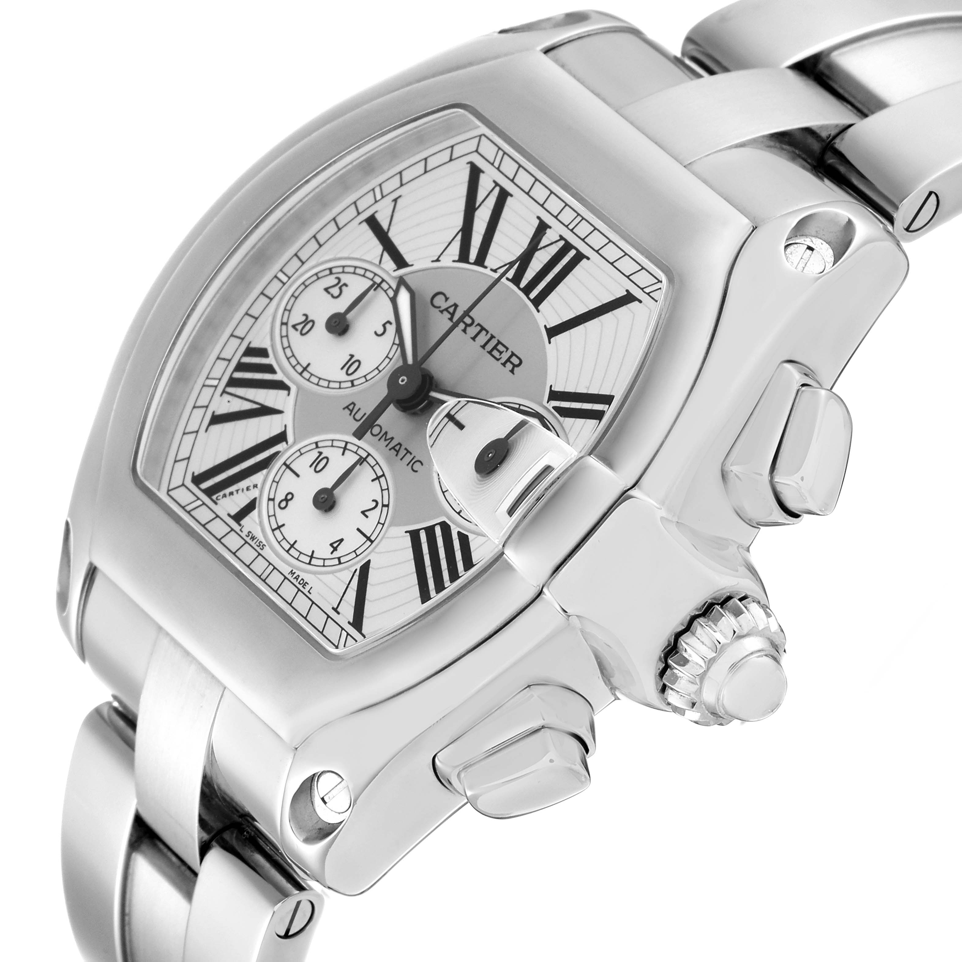 The Cartier Roadster W62019X6 Men
s Stainless Steel  W62019X6 Men
s Stainless Steel  watch is shown from an angled close-up, highlighting the dial, crown, and part of the bracelet.
